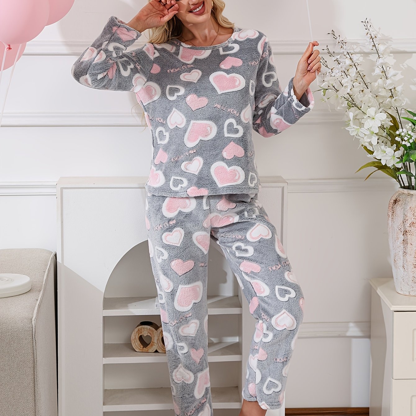 TEMU Flannel Women's Pajama Set With Heart Pattern, Round Neck, Long Sleeves, And Long Pants For In Autumn And Winter