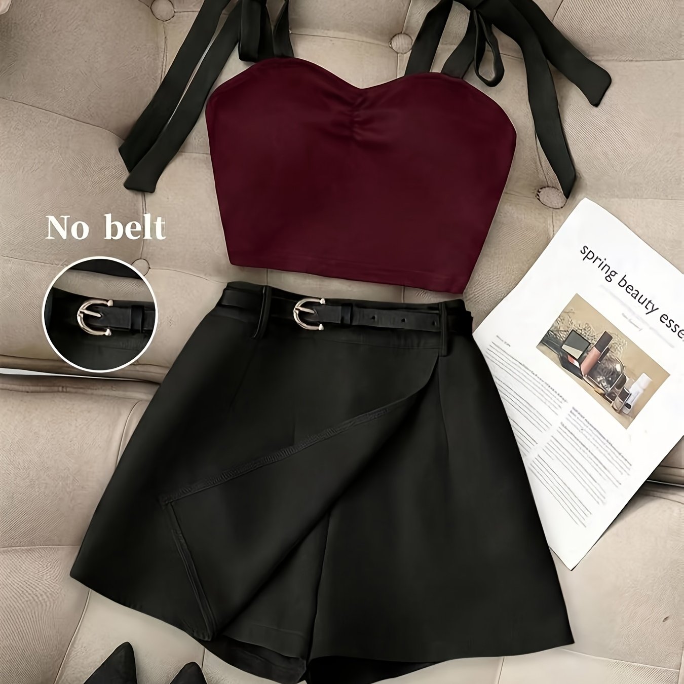 TEMU Women's Summer New Tying Contrast Short Sleeve Half-skirt, Suitable For Travel, Vacation And Dates. Summer Fashion Outfit, Trendy 2pcs Set,