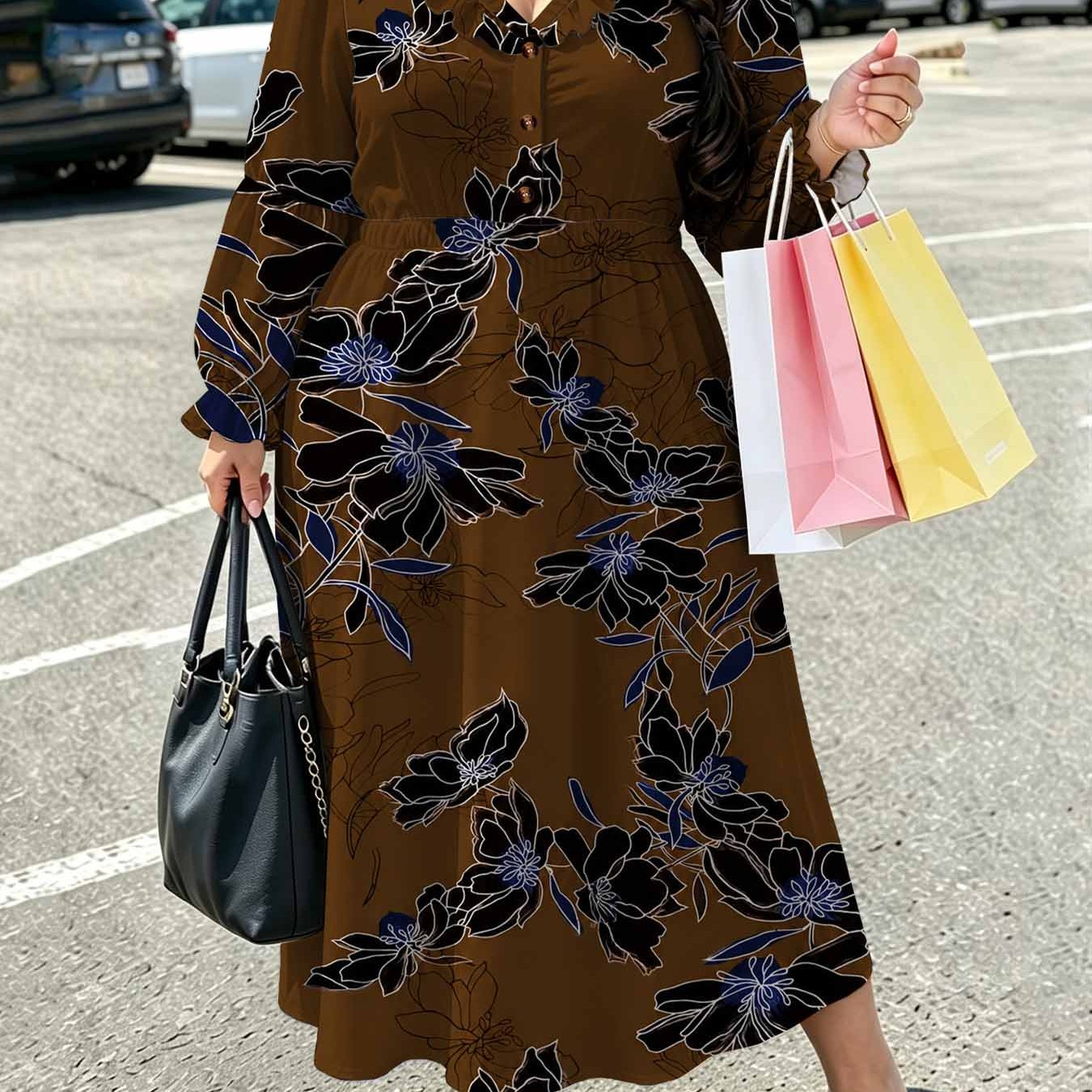 Image of Plus Size - Black Outline Floral Print Plus Size Women's V-neck Long Sleeve Dress, Summer Bohemian Elegant Casual Pleated Lace-up Elastic Waist, Button- Front Dress