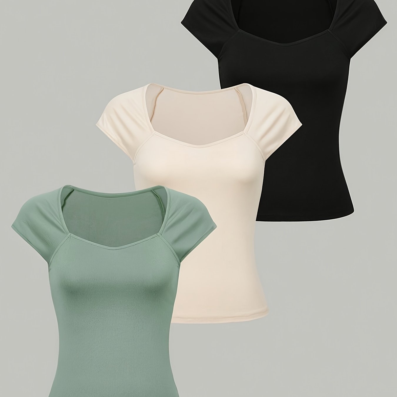 Elegant 3pcs Women's Summer T-shirt Set - Square Neck, Short Sleeve, Solid Color, Fiber, Soft Comfortable Breathable Machine Washable