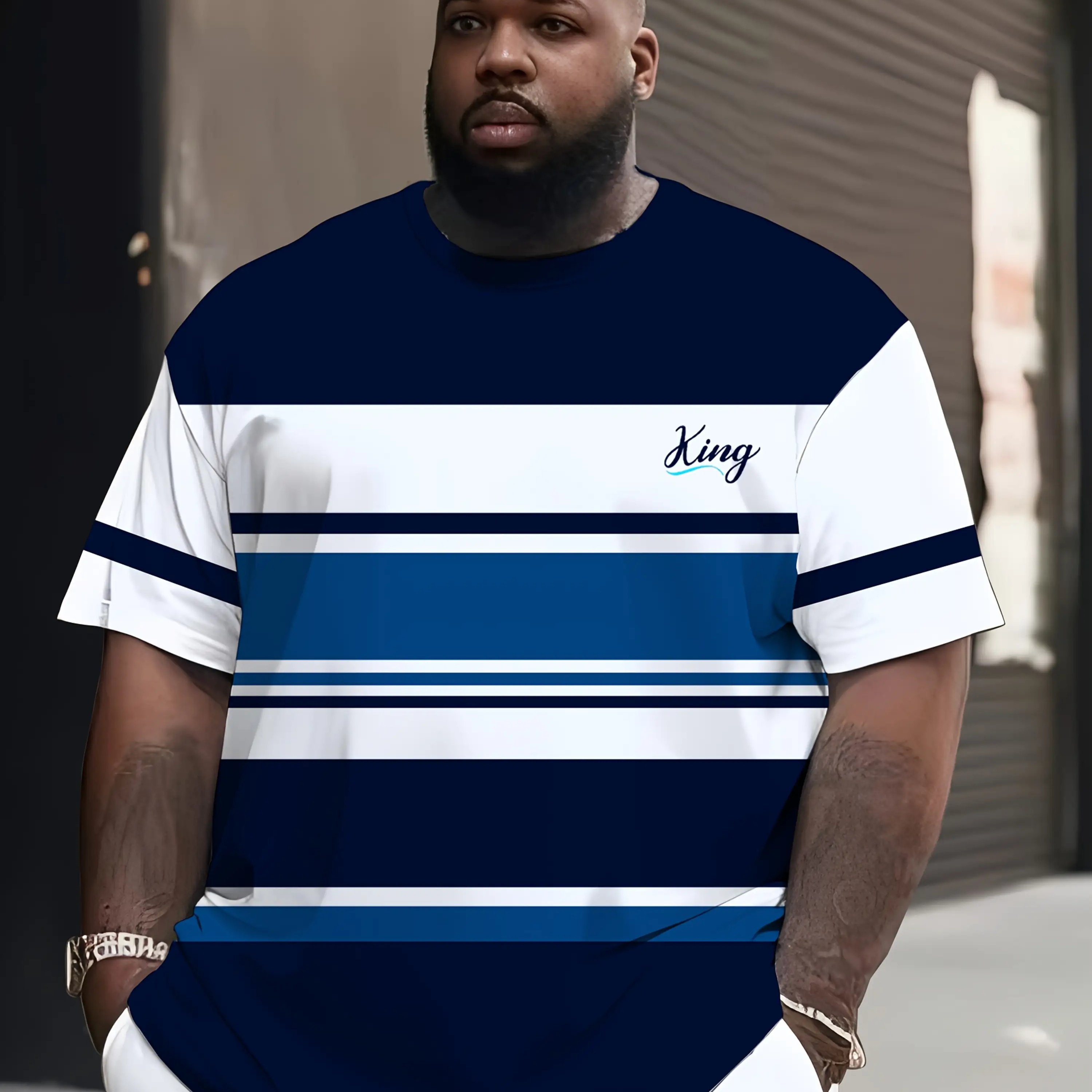 TEMU Men's Plus Size Print Short Sleeve Shirt, Navy Blue And White Striped , Trendy Graphic Print, Summer Streetwear Men's Clothing, Outdoor Casual