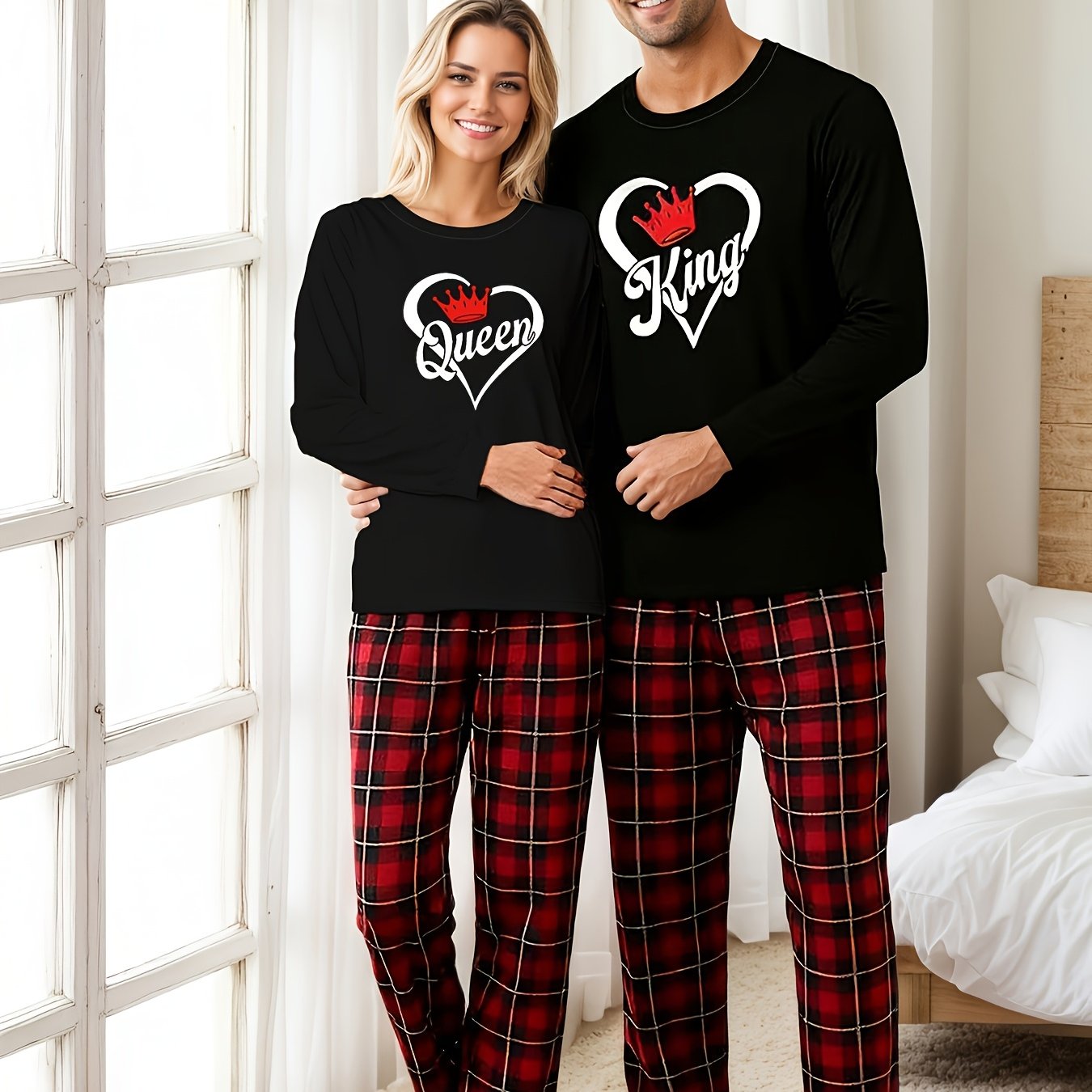 E-shop Loungewear-Set für Damen/Herren im Paar-Stil mit „King Queen“-Buchstaben-Druckmuster, Damen-Langarm-Langenhose oder Herren-Langarm-Langenhose,