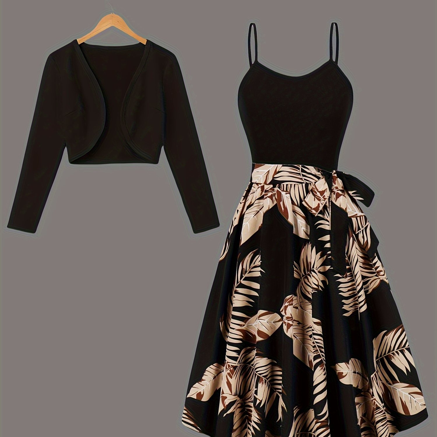 Elegant Floral Print Camisole Dress And Jacket Set