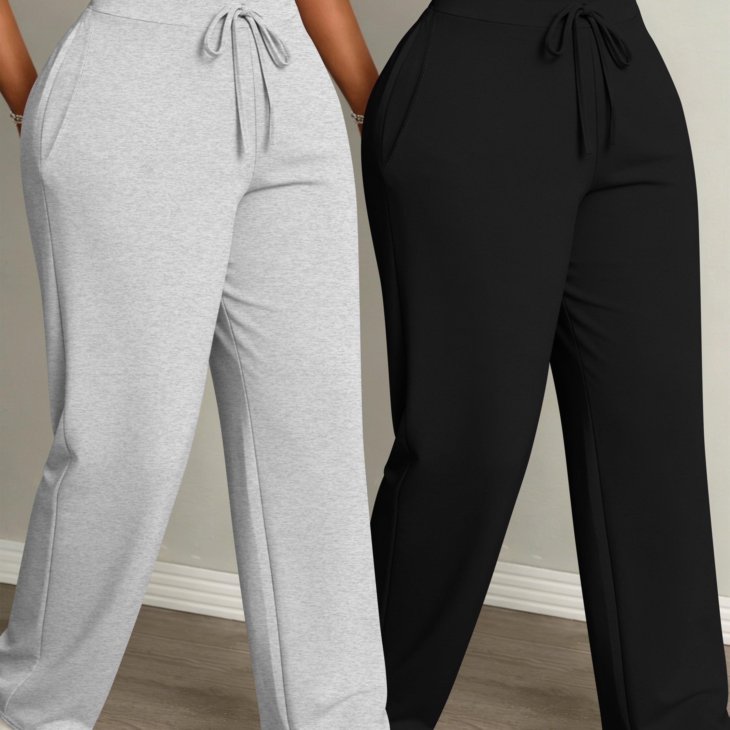TEMU Women's Fashion Daily 2pcs Set, Comfortable Loose-fit Solid Color Drawstring Waist Wide-leg Sweatpants