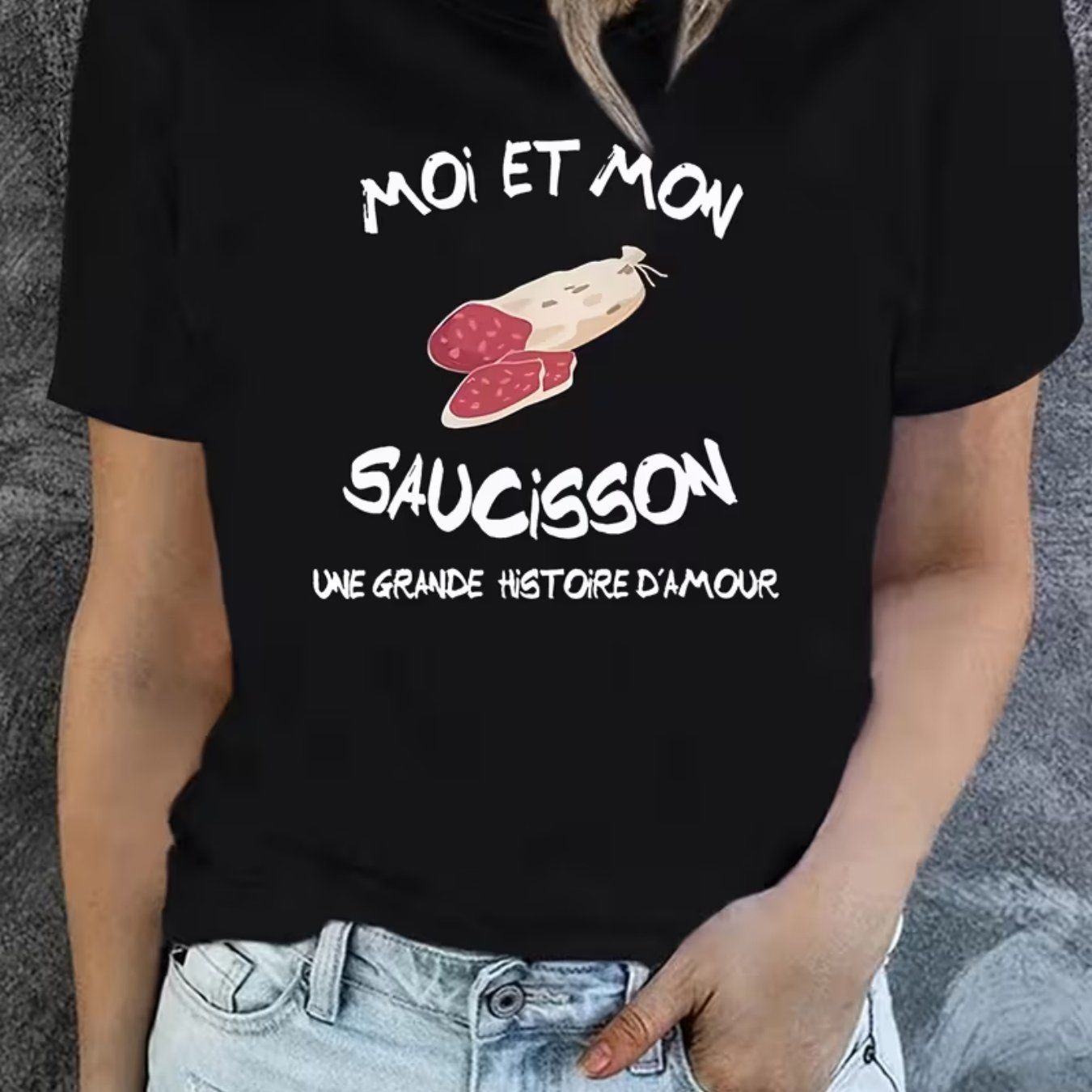 TEMU T-shirt femme printemps/été à manches courtes et col rond avec motif de "MOI ET MON SAUCISSON" en français