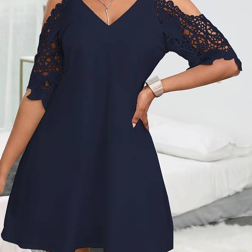elegant navy blue v neck dress for women with lace cut out detail chic off the shoulder design resort wear machine washable polyester resort wear dress stylish cutouts