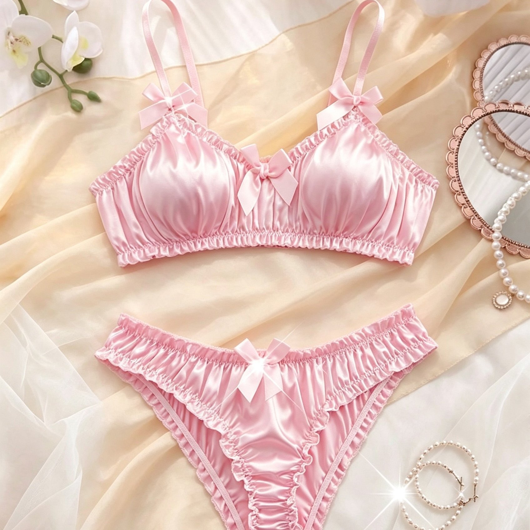 TEMU 2pcs Set Pink Satin Bra, Pleated Front , Elegant Sweet Lingerie Set