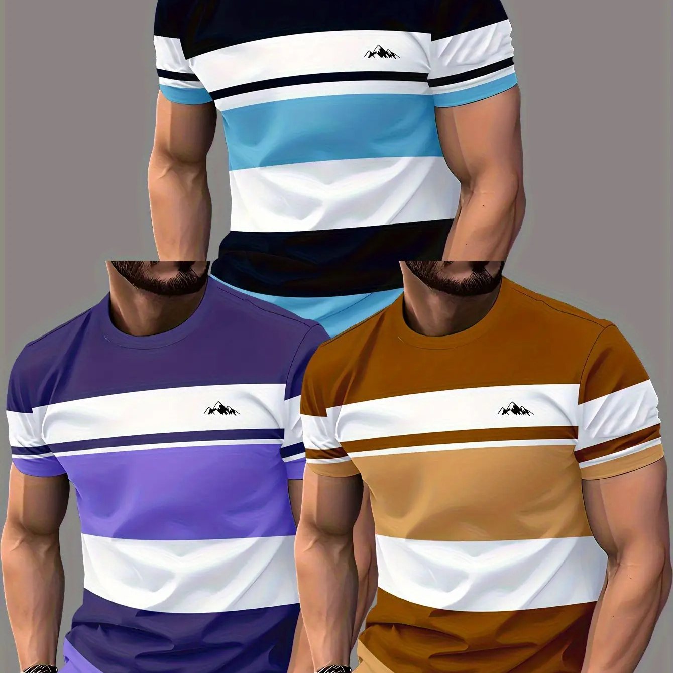 TEMU 3pcs Men's T-shirt Set - Lightweight Breathable Polyester Knit, Striped Pattern, Regular Fit Casual And Athletic Wear - Gym, Office, Outing