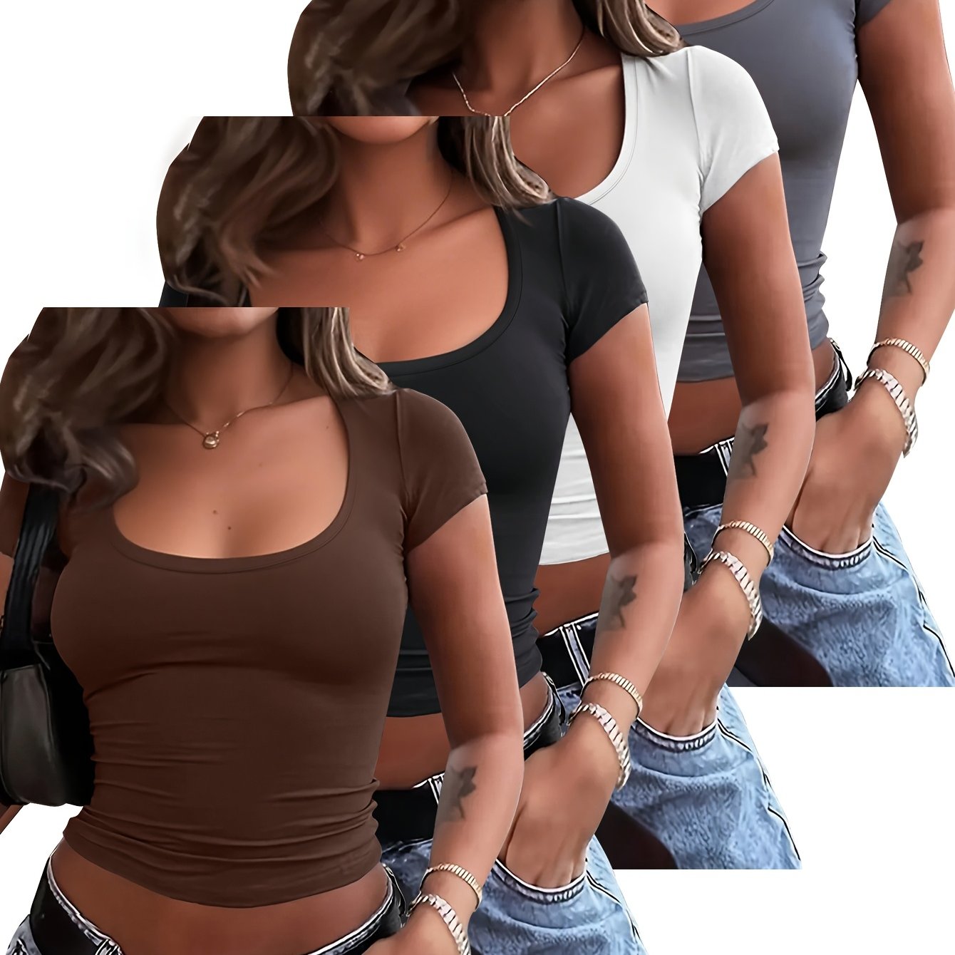 TEMU 4-delige set U-hals T-shirt met korte mouwen, dames, zomer, nieuwe stijl, kleur, aansluitend, korte lengte, veelzijdige top
