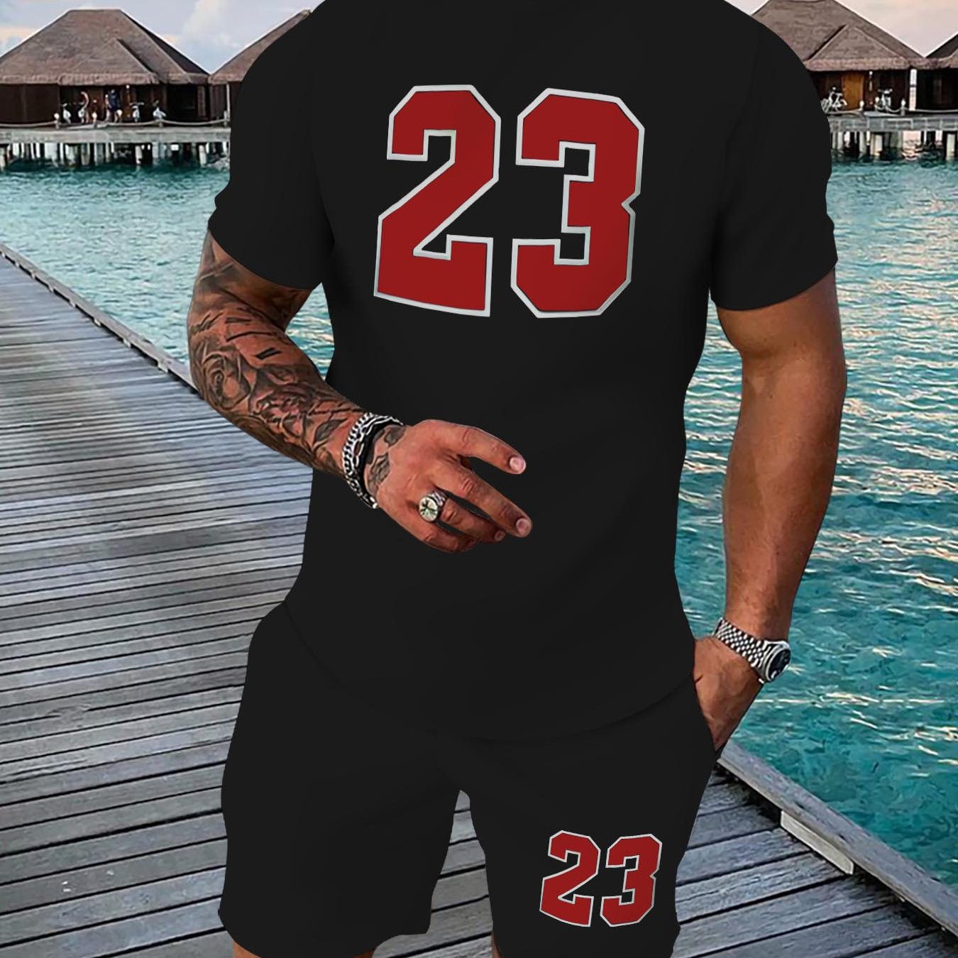 TEMU 1set Men's Summer Casual Sportswear Set, 3d Printed Crew Neck T-shirt And Shorts Outfit, Polyester Knit Fabric With Slight Stretch, Regular Set For Outdoor Activities