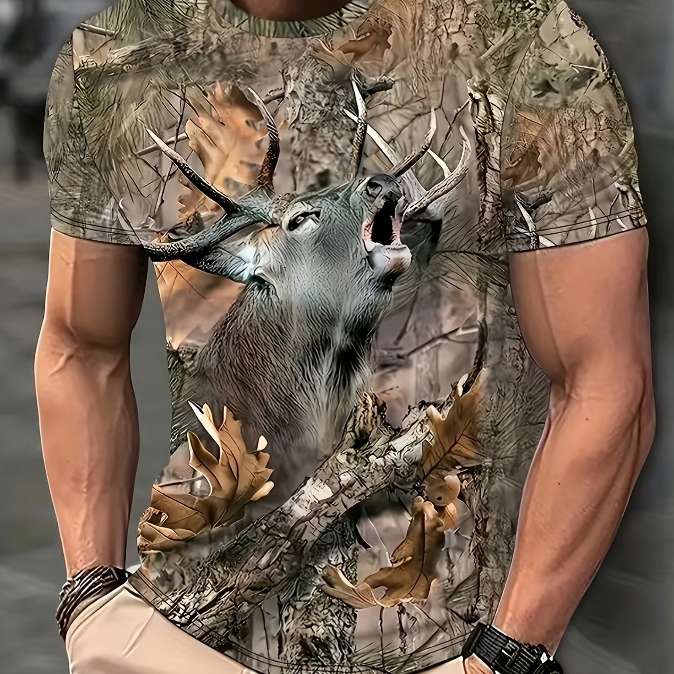 TEMU Men's Short-sleeve Crew Neck T-shirt Featuring A 3d Graphic Print Of Deer And Forest, Perfect For Summer Outdoor Activities