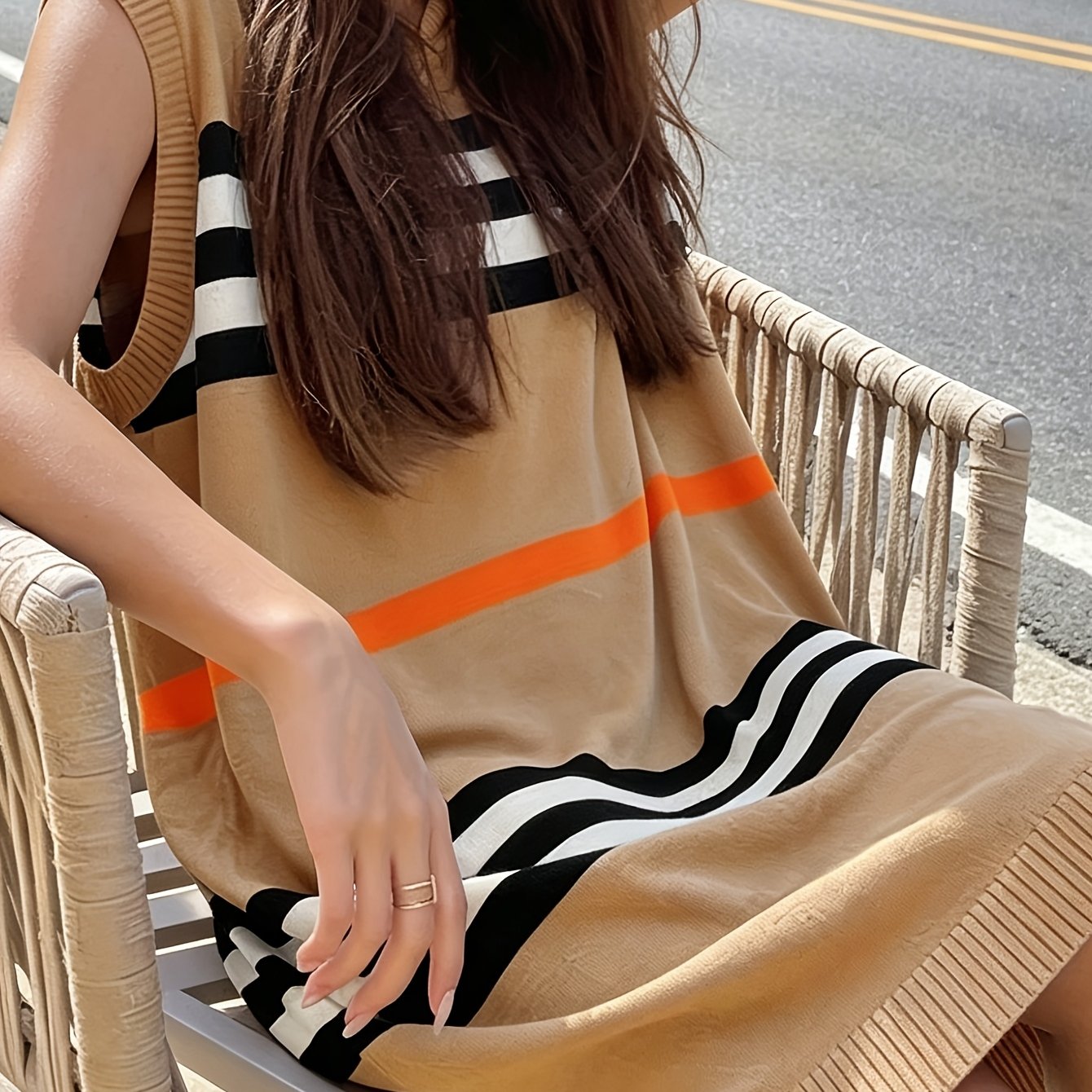 TEMU レディース 春夏フード付きワンピース ストライプ コンカラー 韓国風 ト ノースリーブ ルーズフィット ストレート丈 ミディ丈 ベストドレス 美しいドレス