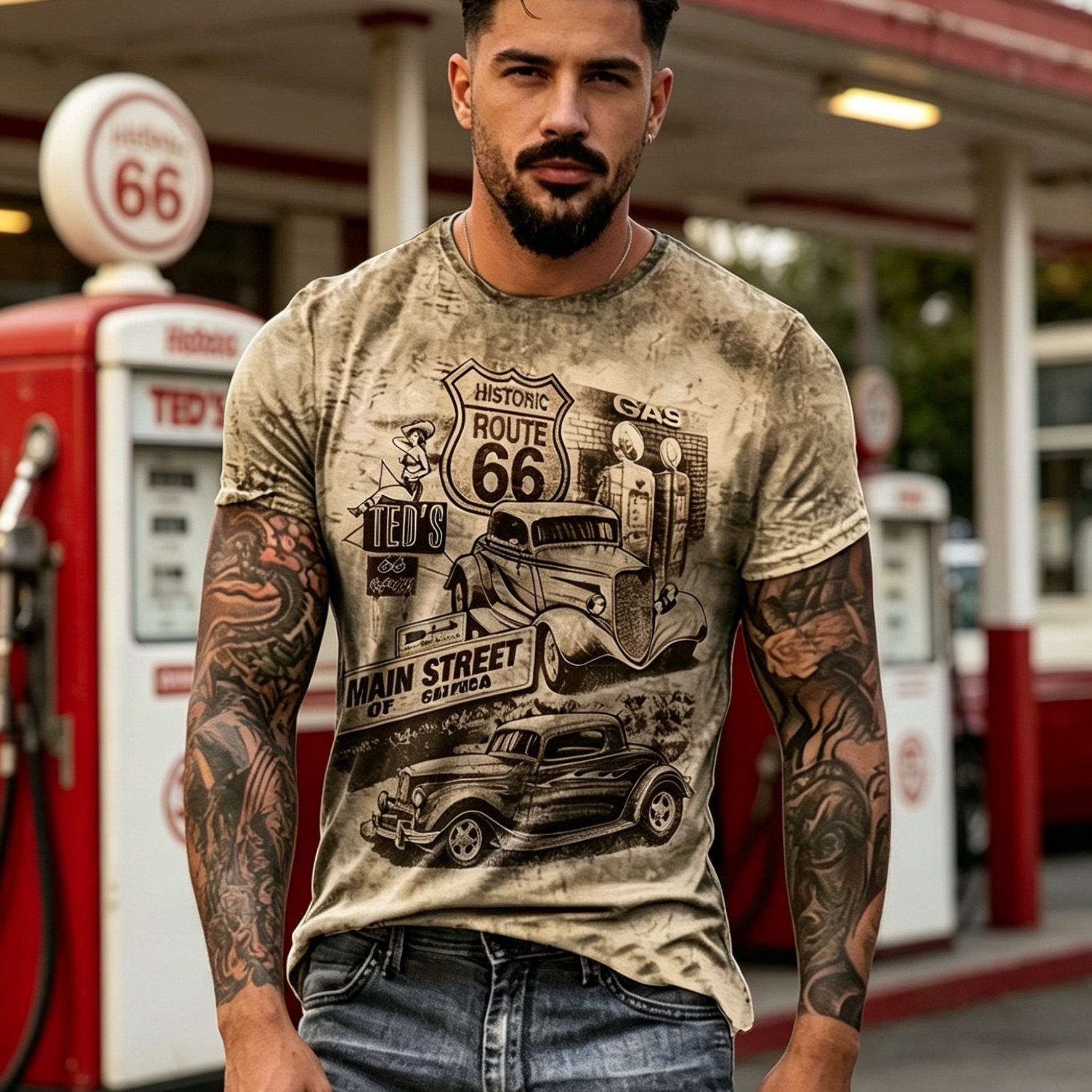 Image of [printed Design - Not Textured][not Jean]men's Vintage Car Pattern T-shirt - Short Sleeve, Casual/sports, , Machine Washable