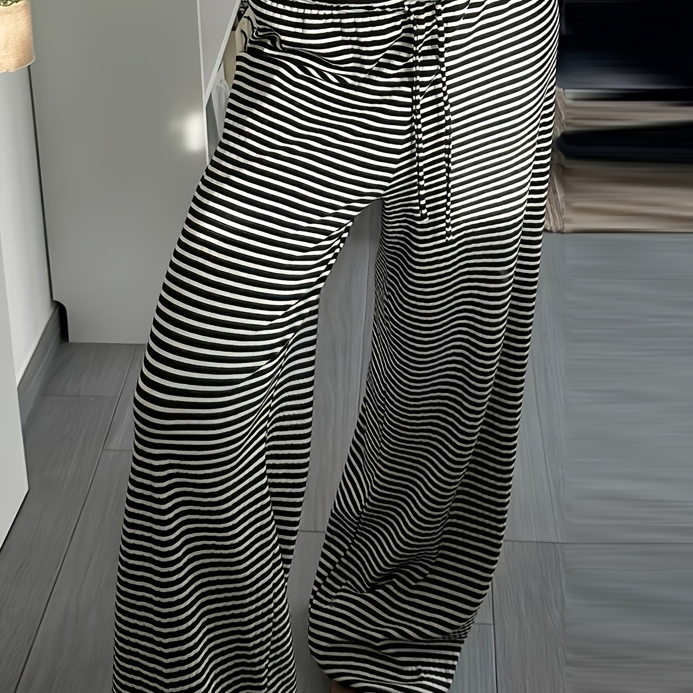 Image of Autumn Western Women's Elegant Fashion Plain Black White Striped Women's Trousers