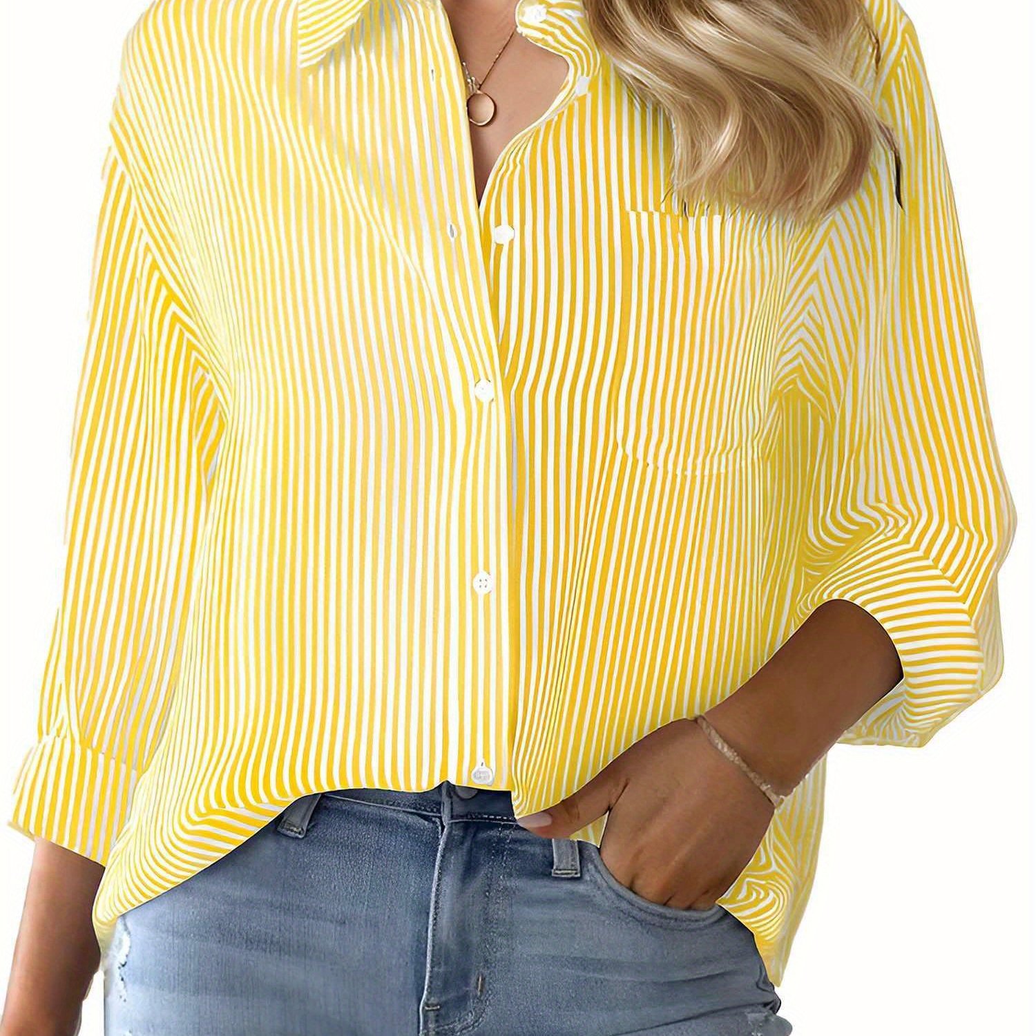 TEMU Tooluck Women's Lapel Striped Work Long Sleeve Shirt