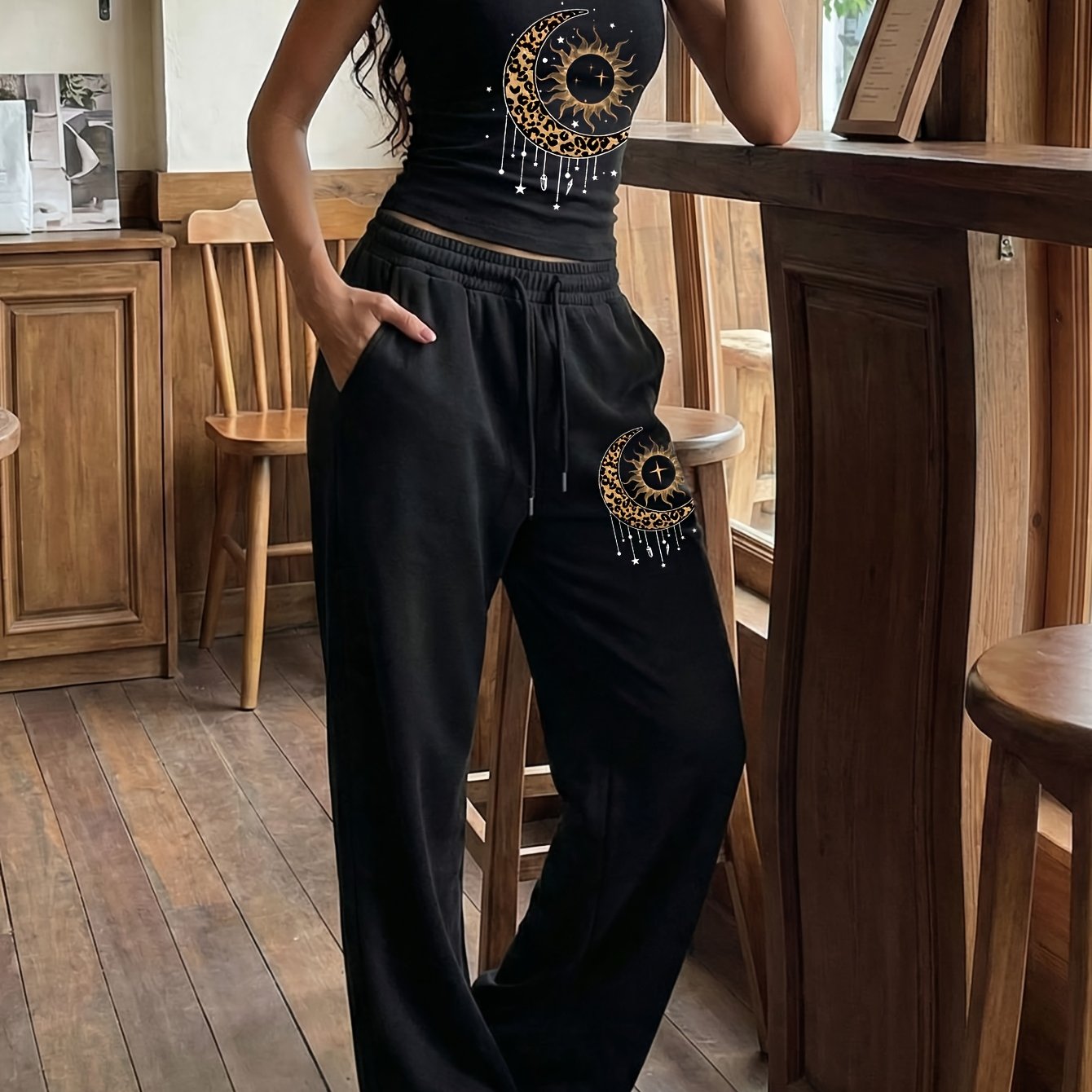 TEMU 2pcs Women's Spring/summer "leopard Moon Sun" Vest With Straight-leg Pants Set, New Niche Streetwear Trendy Hip-hop Comfortable Versatile Y2k