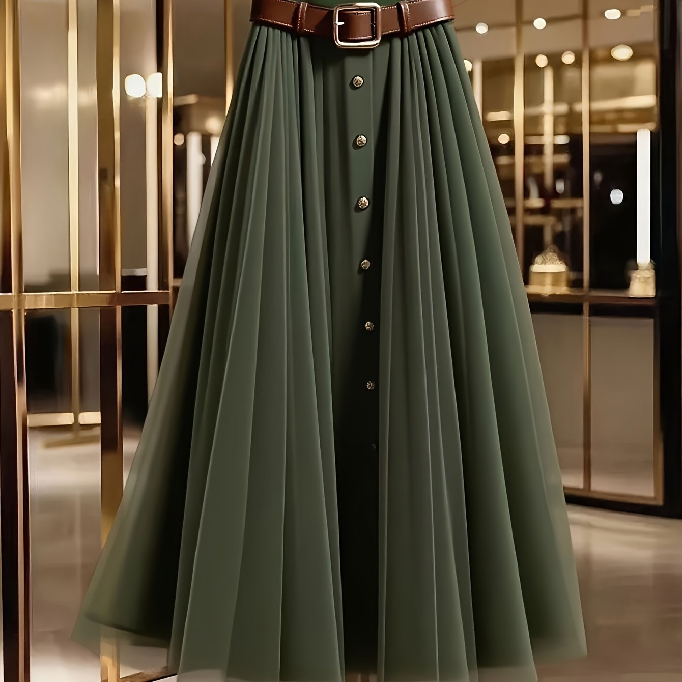 TEMU Damen Frühling/Herbst Eleganter Einfarbiger Mesh-Patchwork Single-Knopf Dekorativer Casual Pendler High-Waist Plisseerock, Ohne Gürtel