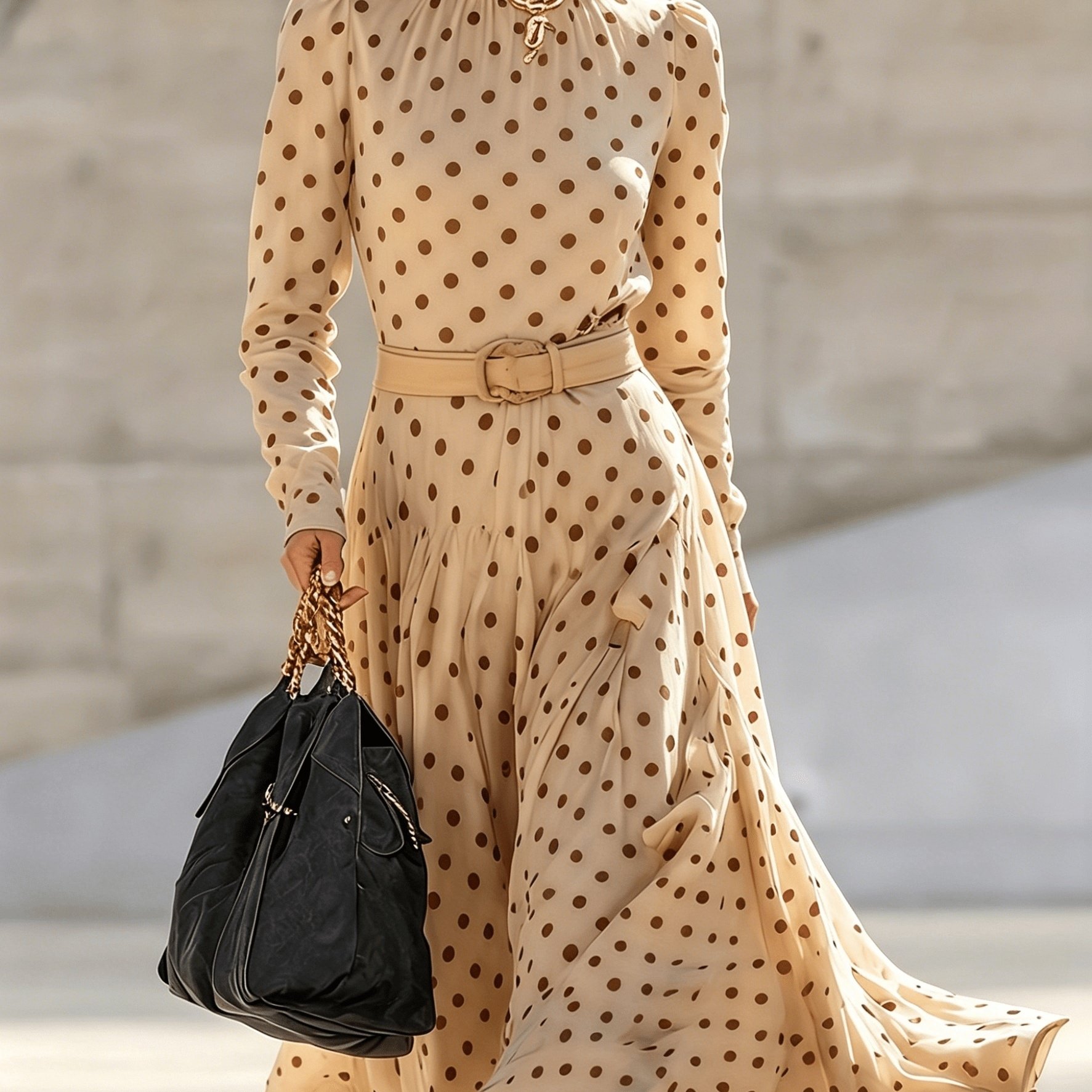 Elegant Spring/summer Retro Polka Dot Print Fashionable High-neck Long Dress