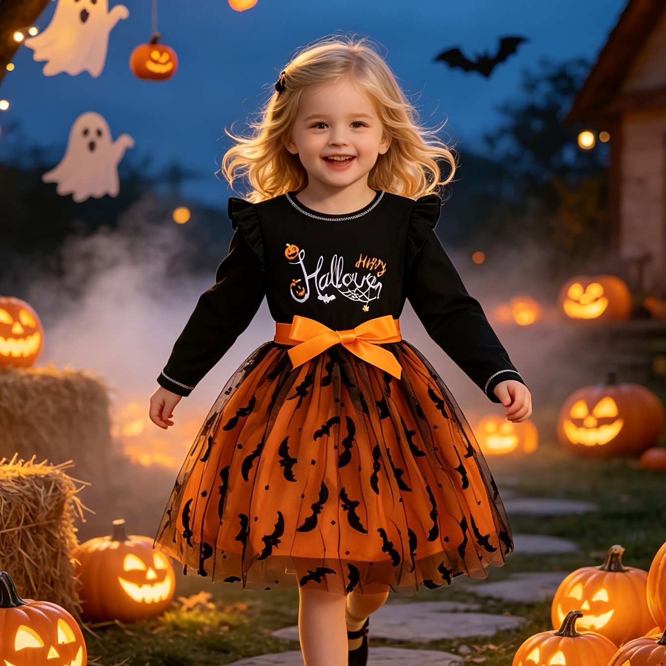 Image of Girls' Dress, Autumn Winter Knit Round Neck Long Sleeve , Halloween Party Gathering, Hot Foil Printed, Bat Net Skirt, Pumpkin With Ribbon