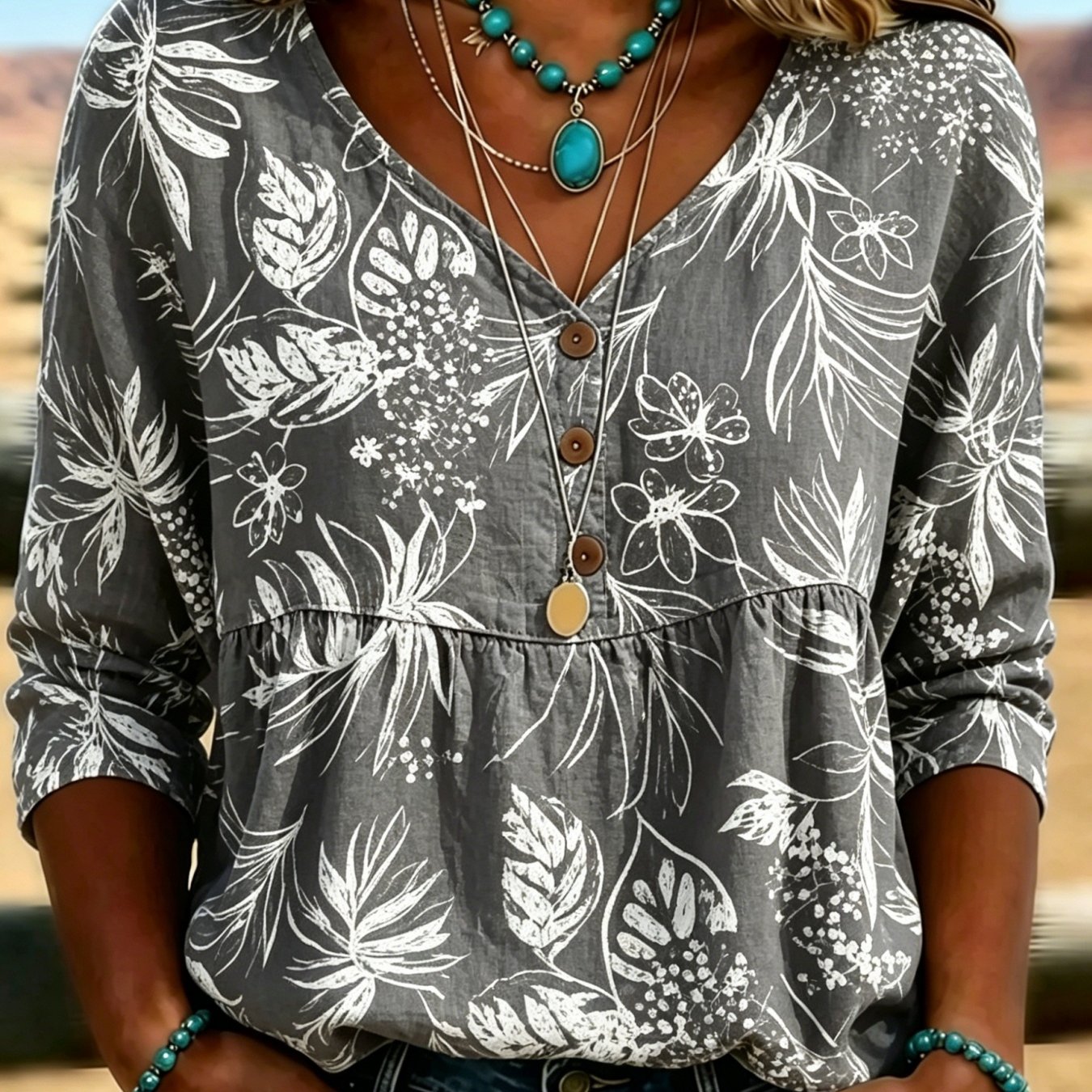 Vintage Women's Bohemian Floral Print Babydoll Shirt Summer Loose V-neck Half Sleeve Casual Button Blouse