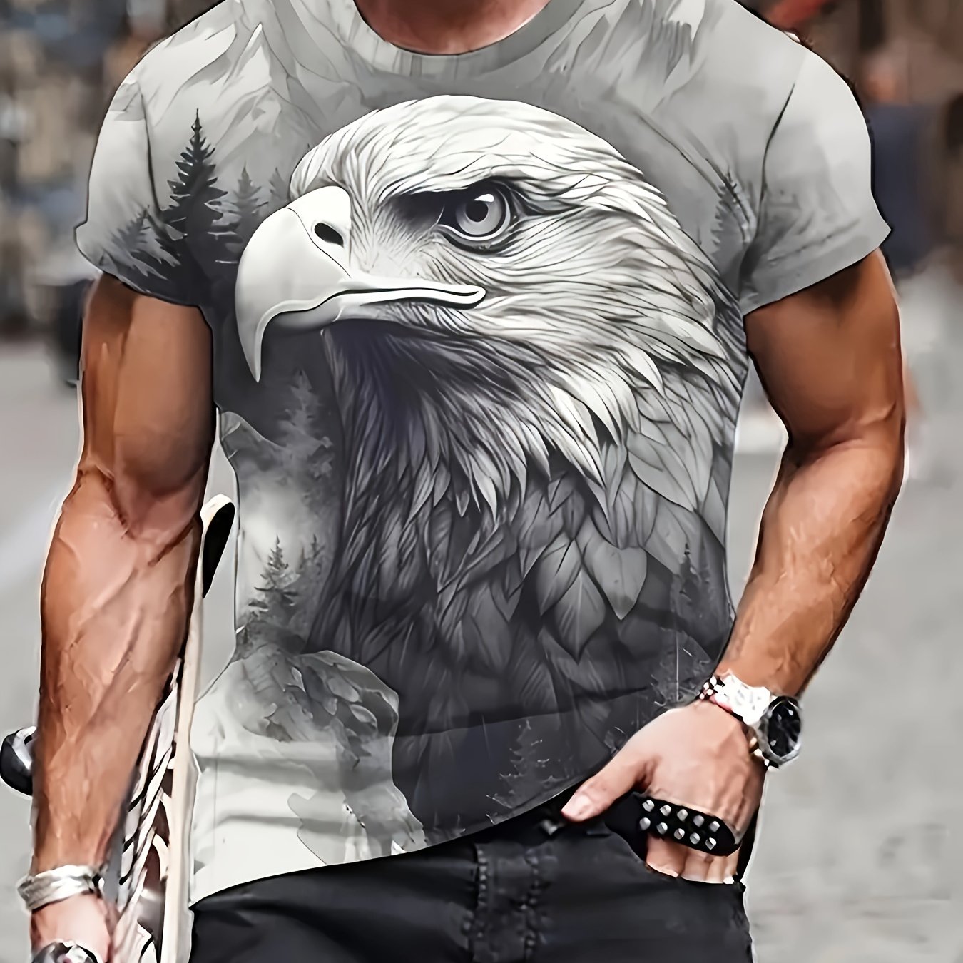 TEMU Men's Summer Eagle Portrait Pattern Short-sleeve Crew Neck T-shirt, Casual And Trendy Tee, Suitable As A Gift