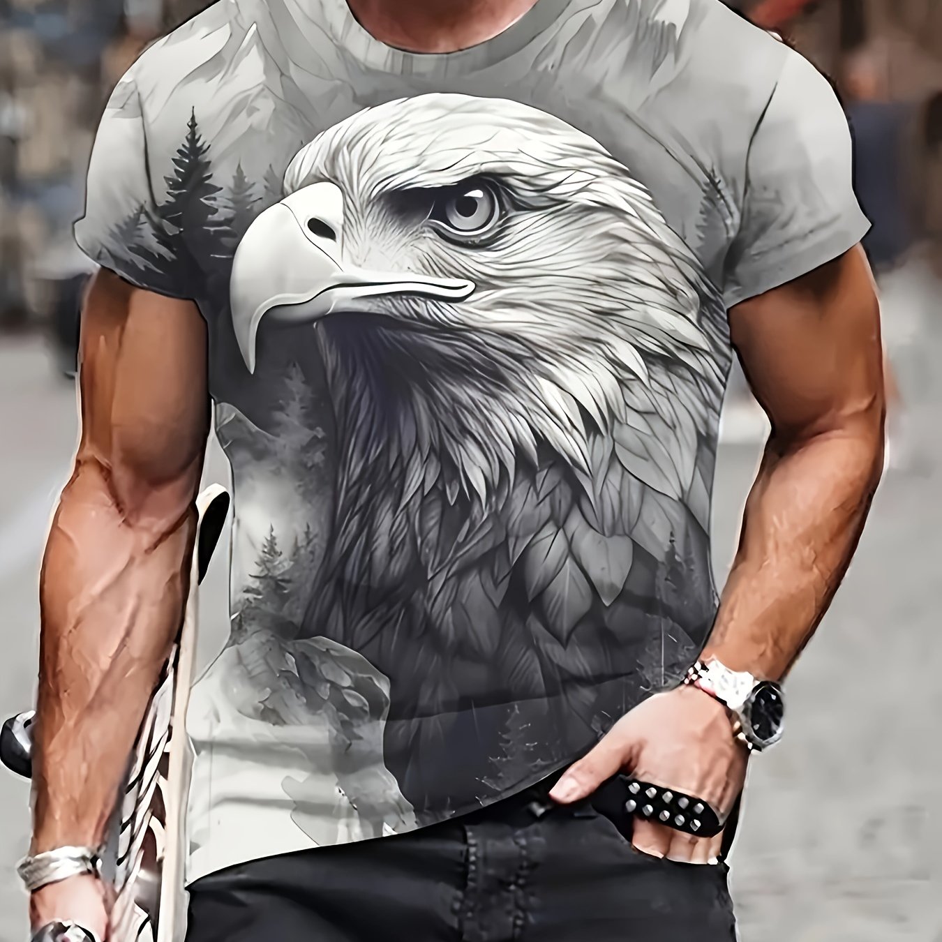 Men&#39;s Summer Eagle Print Short Sleeve T-Shirt, Casual Crew Neck Polyester Tee, Regular Fit Knit Fabric Top, Ideal Gift for Men