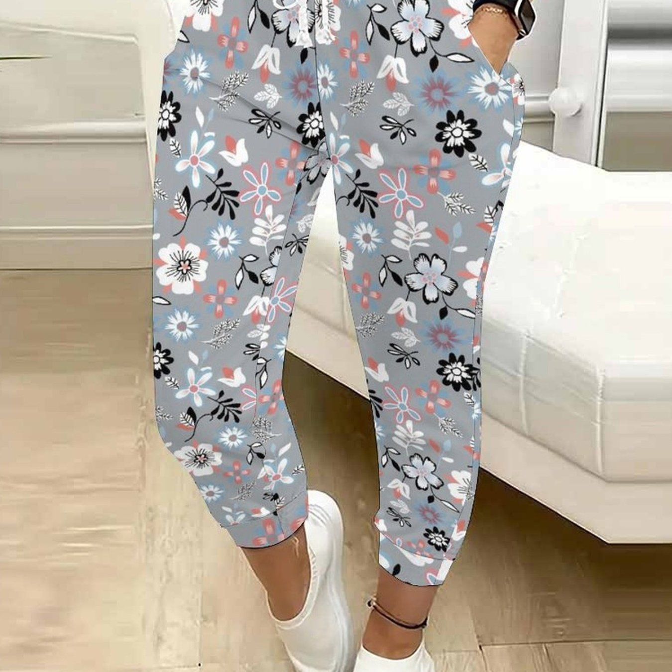 TEMU Classic Women's Casual Drawstring Pants With Floral And Tree Prints, Suitable For Outdoor Play, S, And Daily Casual Wear