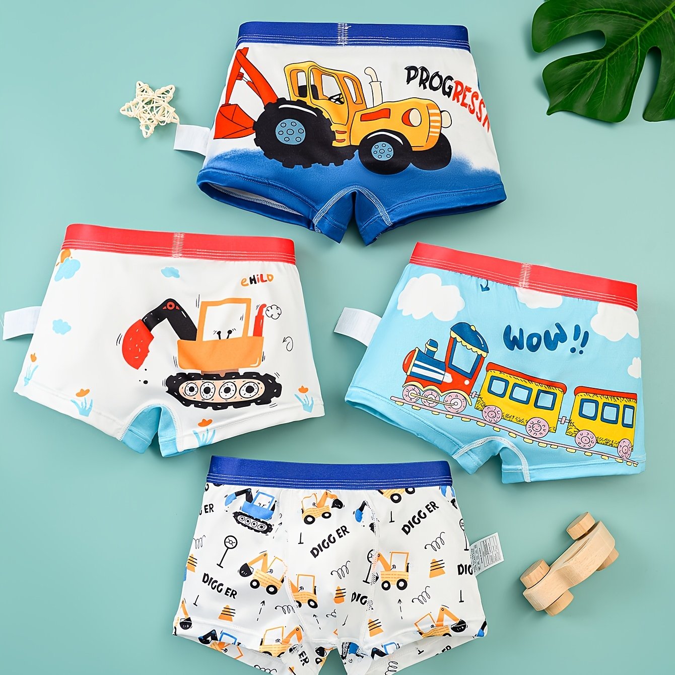 Image of 4-pc Of Comfortable, Soft, And Breathable Boys' Shorts With Cartoon Car And Construction Vehicle Prints, For Small, Medium, And Large Boys, Boxer Briefs