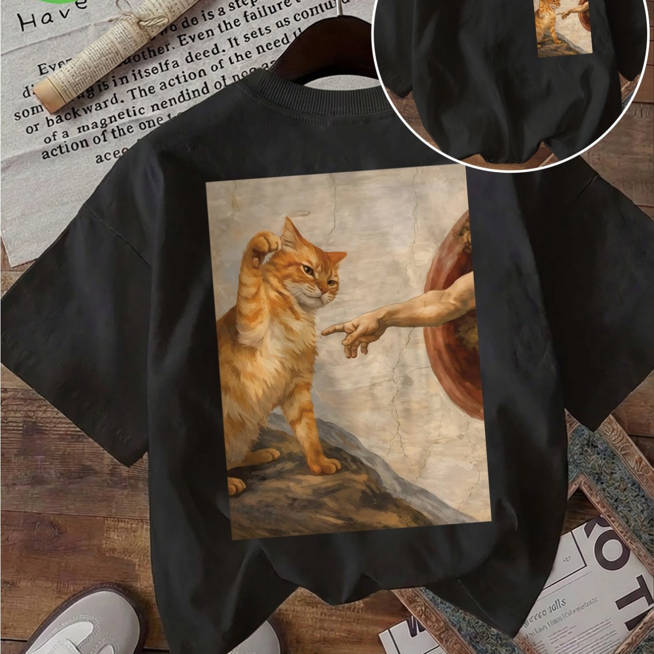 Image of Women's Summer Clothing, Double-sided Print, , Cat And Hand Oil Painting Print, Round Neck, Pure Short-sleeve T-shirt