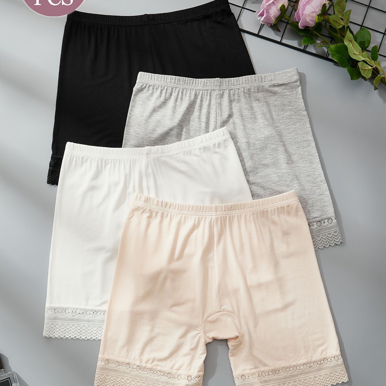 TEMU 4pcs Solid Color Skin-friendly Suitable For Outdoor Sports Women's Leggings Lace Stitching Printed Floral Fashionable And Elegant Women's Boxer