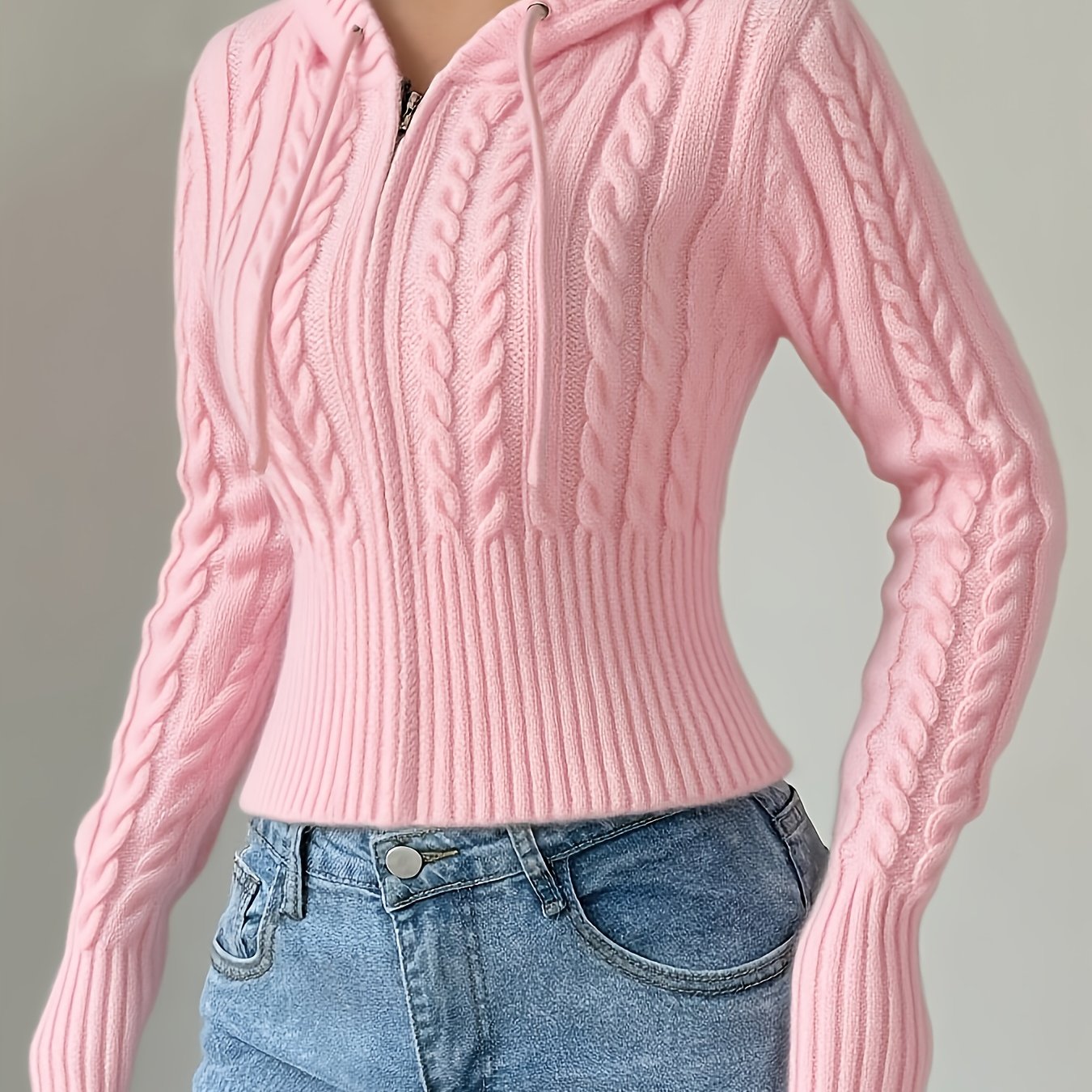 TEMU Women's Autumn And Winter Hooded Zippered Slim Fit Solid Color Long Sleeve Casual Sweater Cardigan