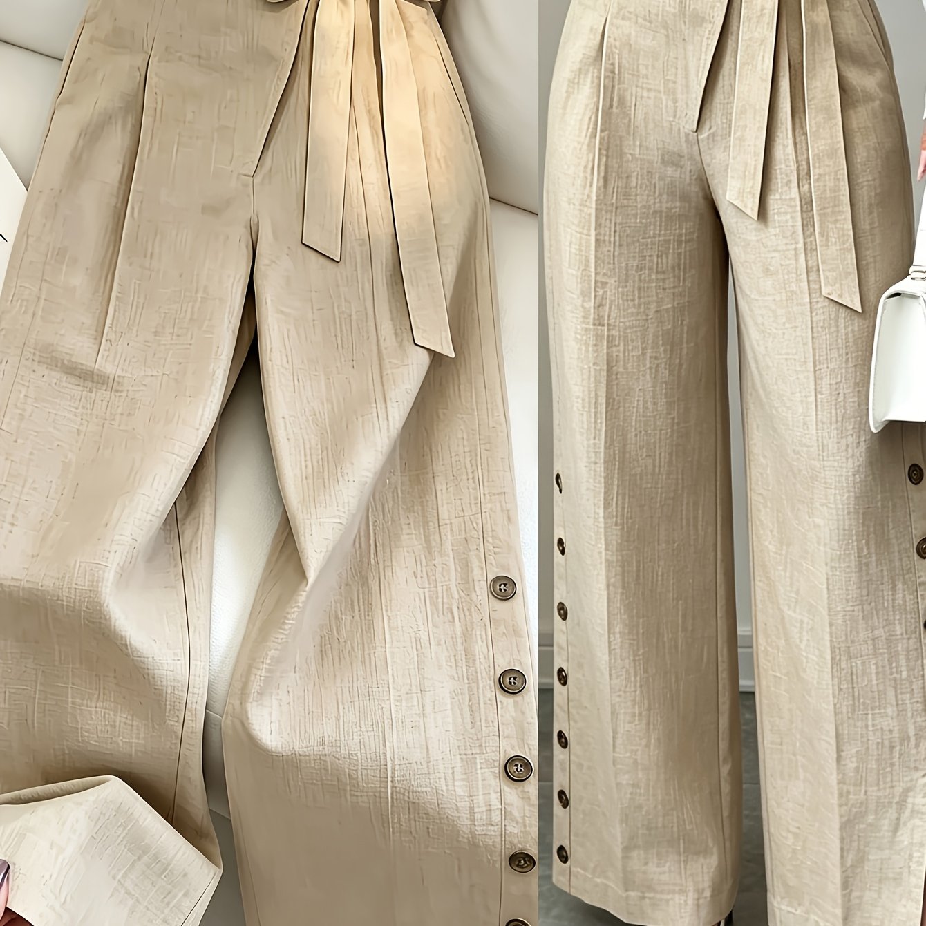 TEMU Solid Color Elegant Straight-leg Wide-leg Pants With Slit And Button Details. Textured Fabric With A Bow At The Waistband And Side Buttons. A