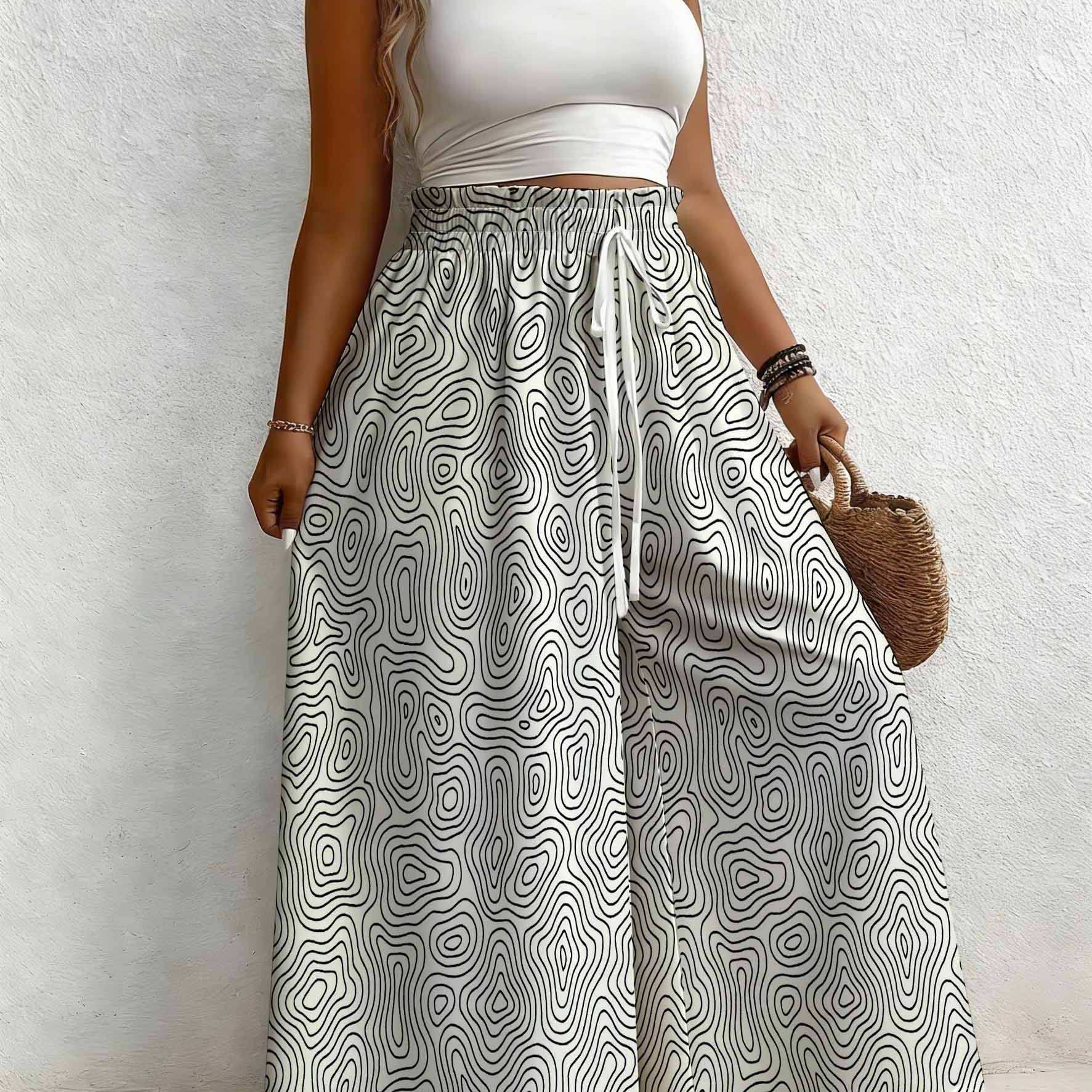 Image of Plus Size - Women's Plus Size Abstract Swirl Print Wide-leg Pants, Bohemian Vintage Style Loose Fit Drawstring Waist Machine Washable Suitable For Outdoor And Wear Lounge Trousers