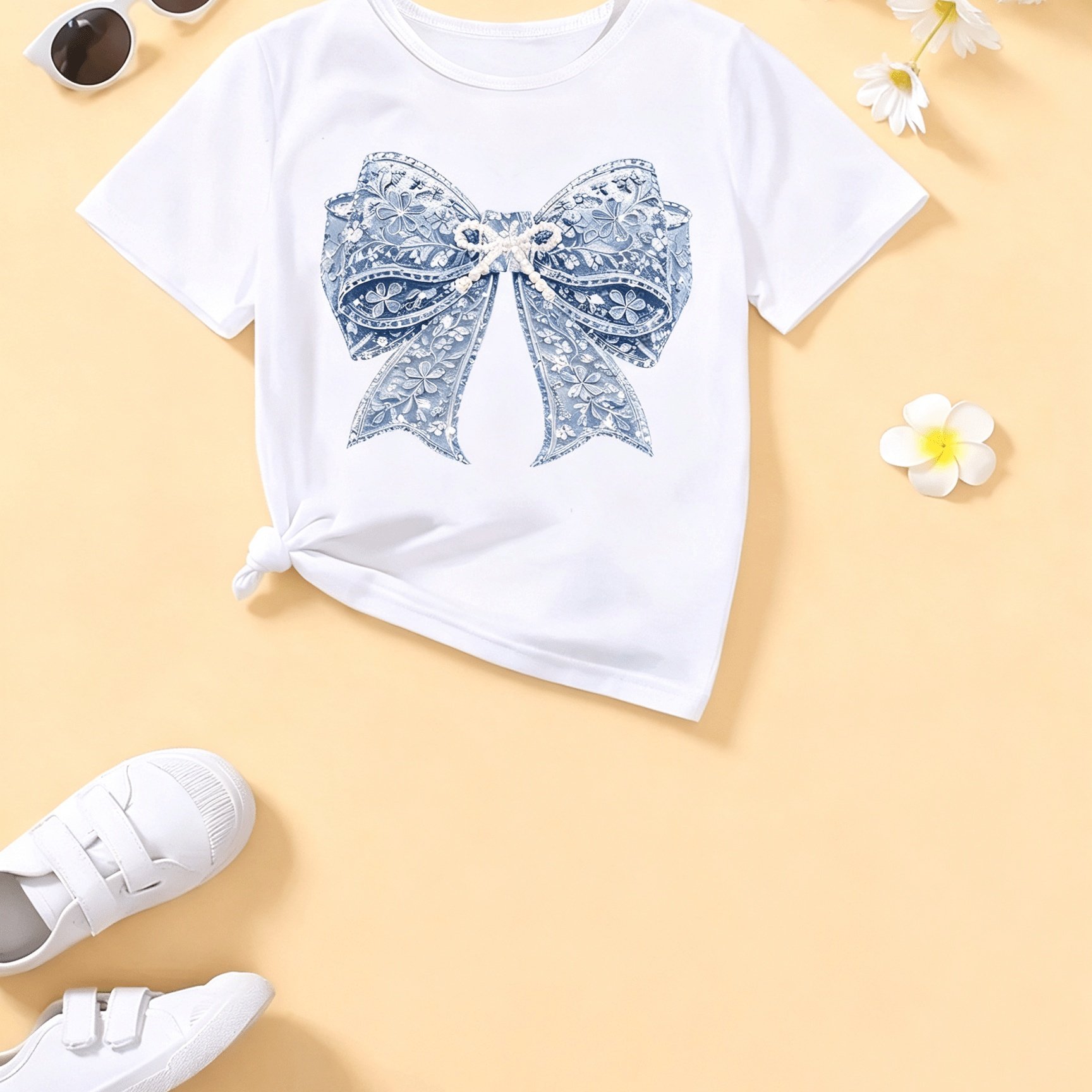 TEMU Casual Bow Print Short-sleeve T-shirt For Girls (top , Bottoms Not Included), Soft And Comfortable Round Neck Top For Girls, Casual, Stylish And