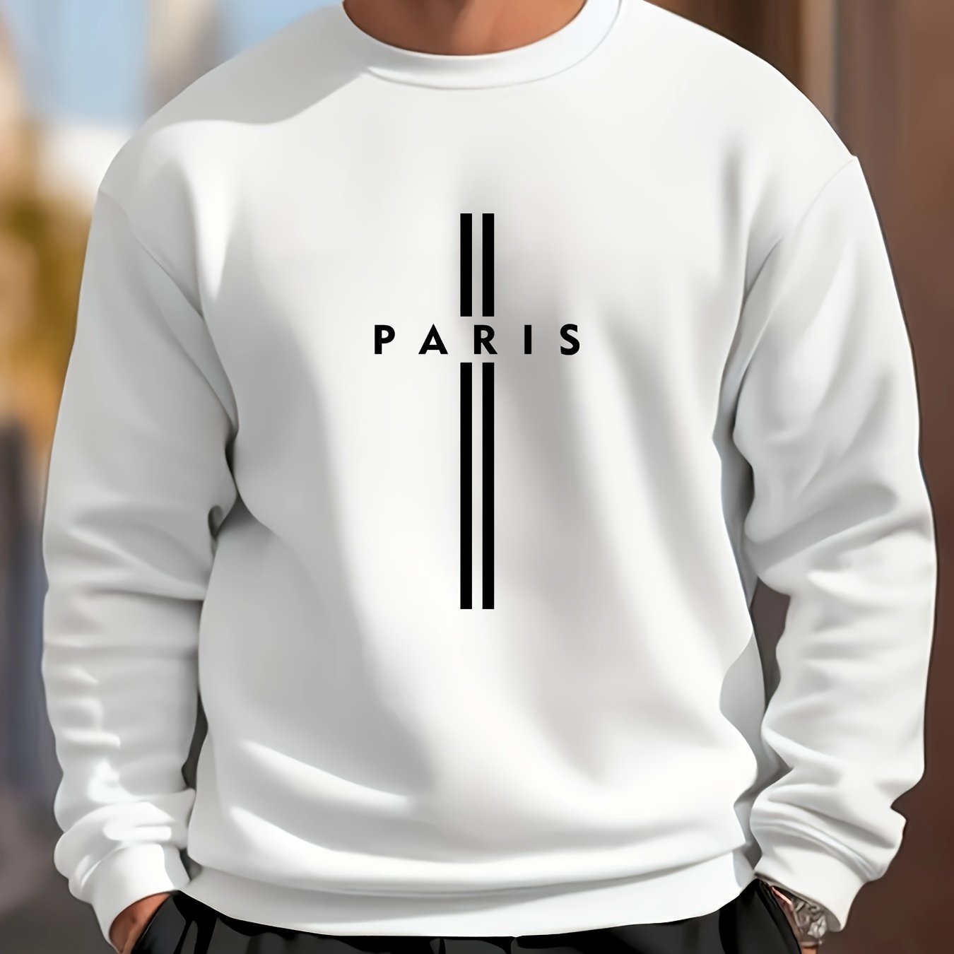 E-shop Herren-Sweatshirt mit Paris-Briefdruck - lässiger Langarm-Rundhals, schwarz mit weißen vertikalen Streifen und "PARIS"-Design, bequemer