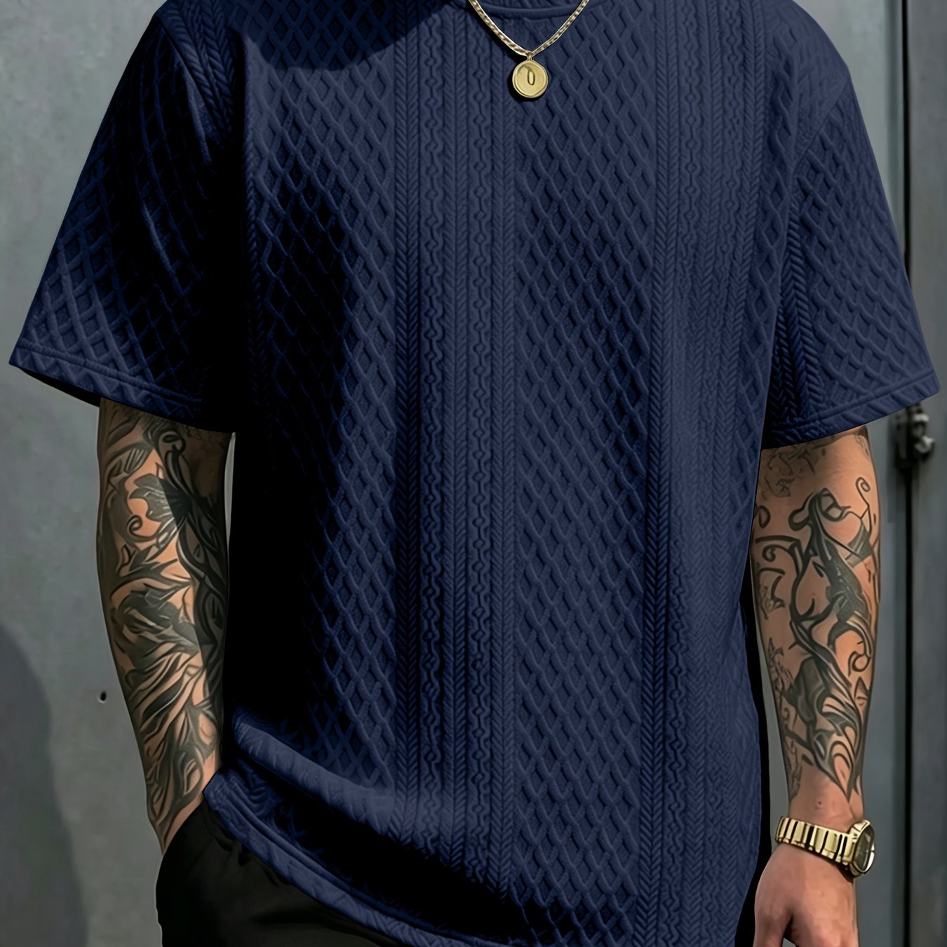 TEMU Men's New Textured Fabric Crew Neck T-shirt