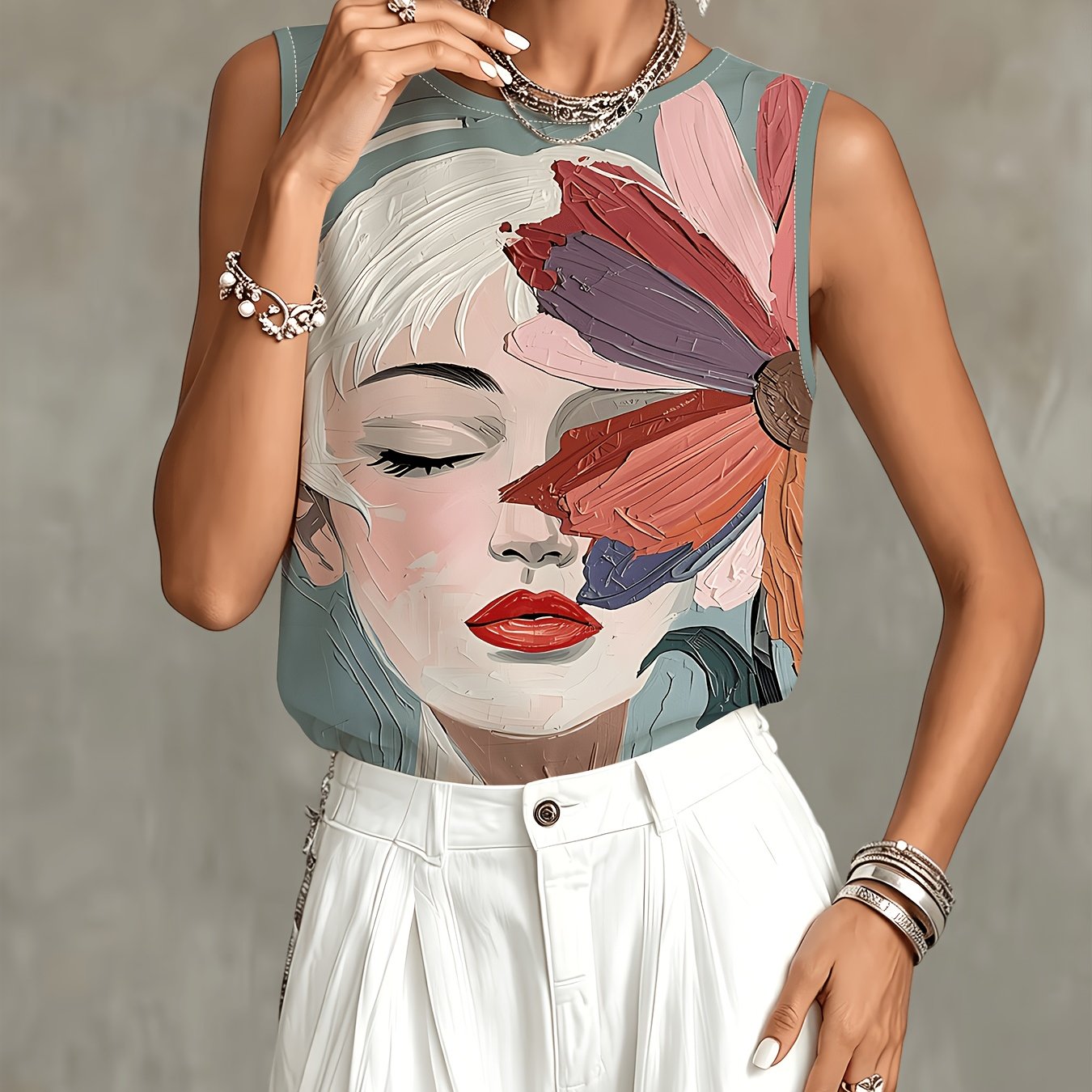 TEMU Fashionable Artistic Print Sleeveless Tank Top, Women's Trendy And Unique Top