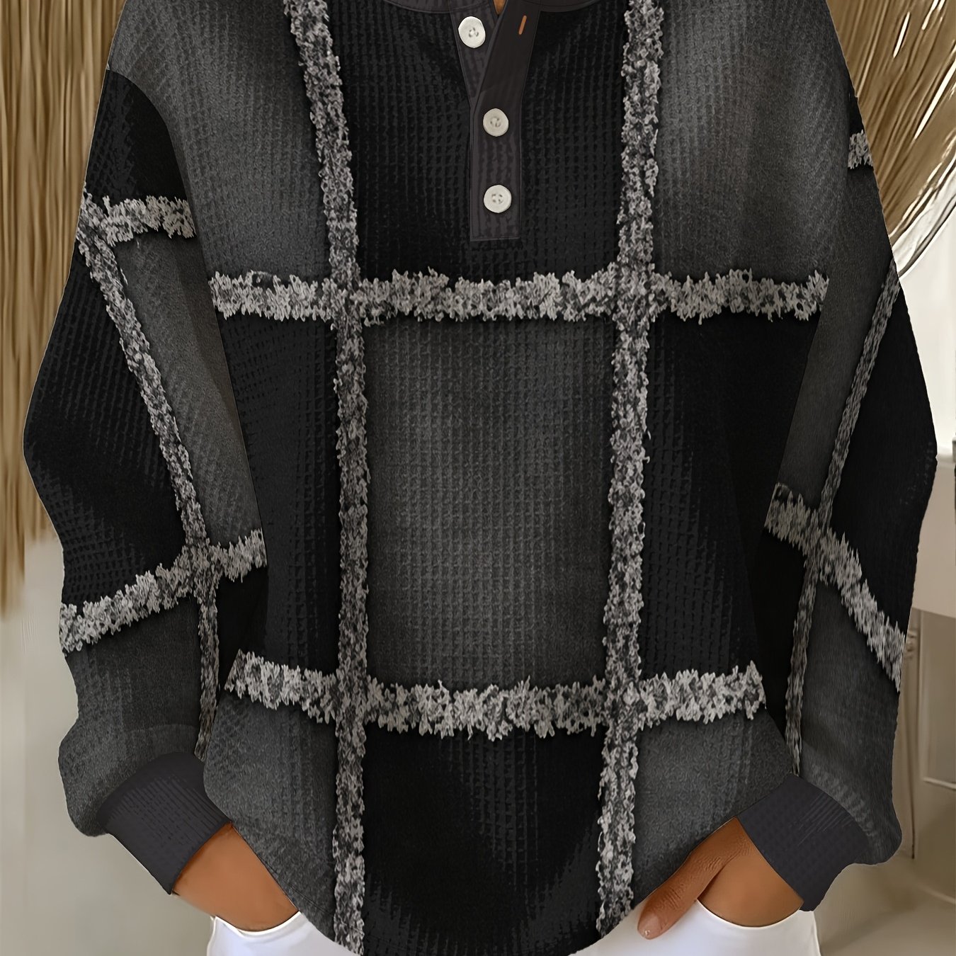 TEMU Women's Waffle Henley Button Long Sleeve Top, Vintage Plush Casual Pullover