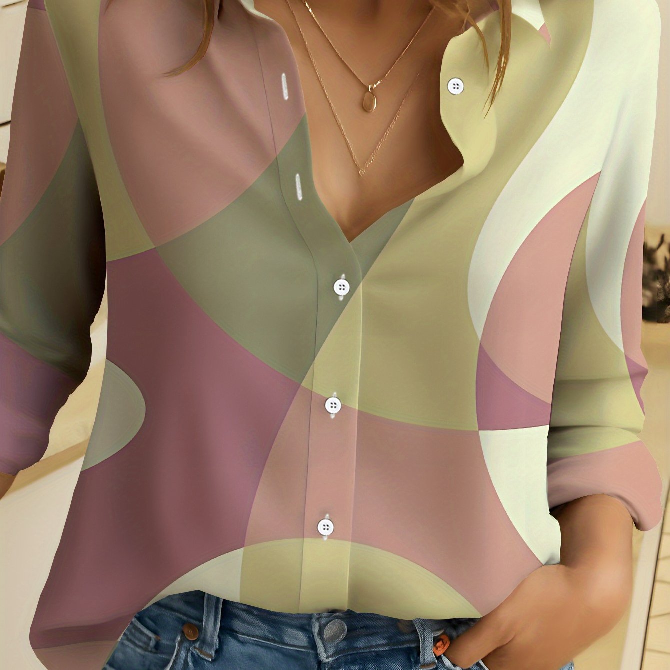 TEMU Women's Long Sleeve Shirt, Standard Size, Soft And Geometric Style, Printed Shirt With Colorful Graphics, Women's Floral Shirt In Pastel Warm