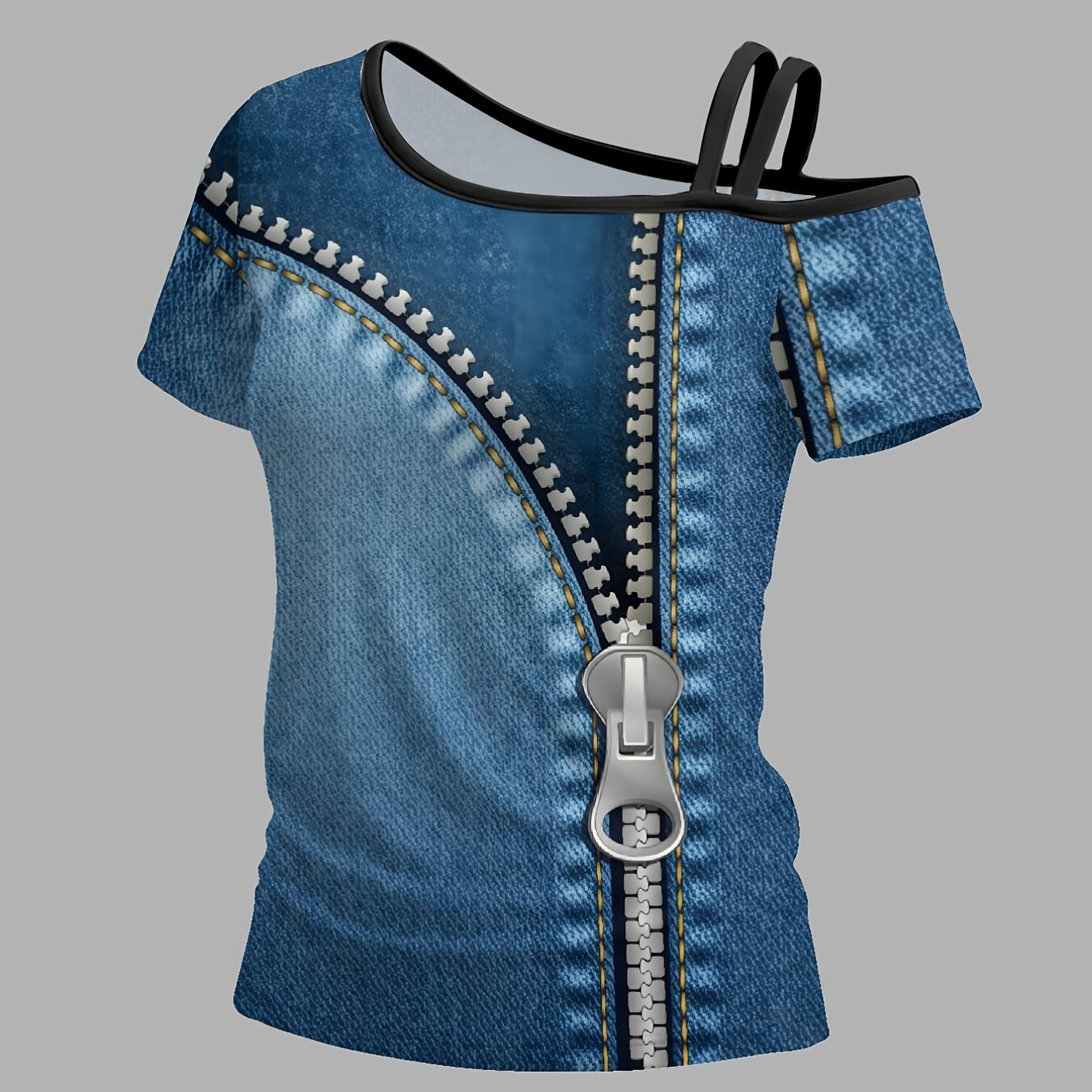 TEMU Denim Zipper Printwomen's Off-shoulder Short-sleeved T-shirt With Single Shoulder Strap, Featuring A Unique Asymmetrical Design, Trendy Prints,