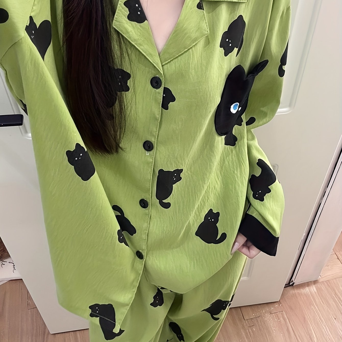 TEMU In-stock Japanese Cute Cat Pajamas Women's Spring Summer New Long Sleeve Long Pants Cartoon Worn Outside Cardigan Casual Two-piece Set