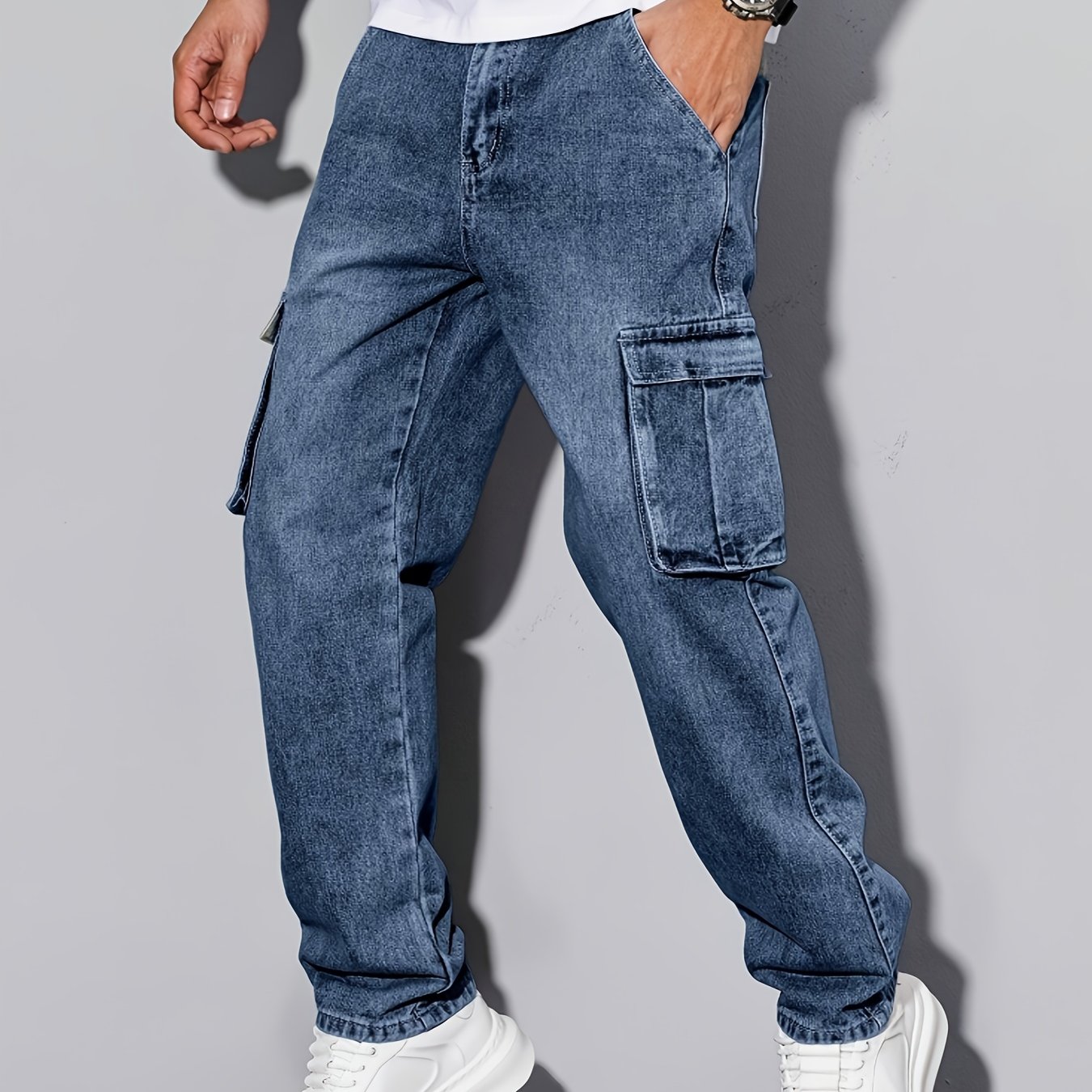 TEMU [hme]men's Workwear Casual Loose Short Straight-leg Jeans, Elastic Denim For And Relaxation, Heavy-duty Washed Classic Western Denim Blue,
