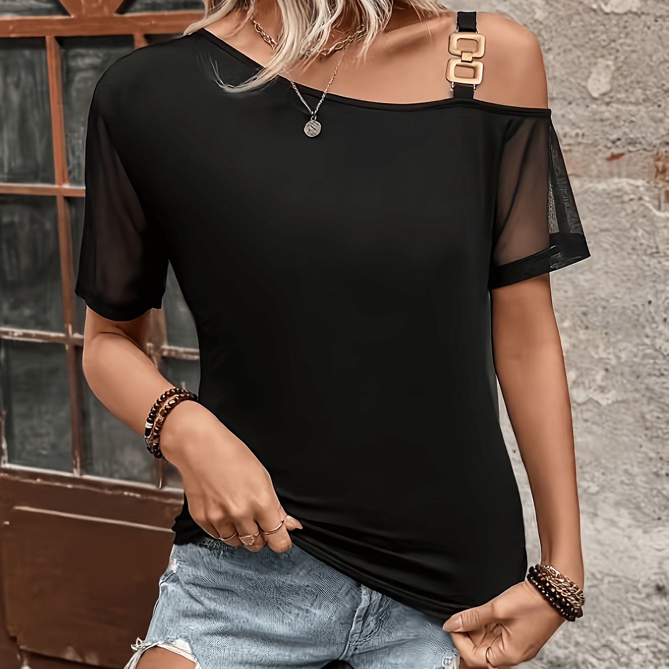 TEMU European And Metal Slanted Shoulder Mesh Short-sleeved T-shirt For Women Off-shoulder Top