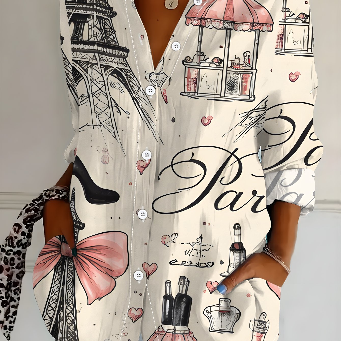 TEMU Plus Size - Women's Long Sleeve Shirt, Romantic Pattern Style, ' Printed Shirt, Parisian Elements, Women's Floral Shirt, Pink And Black