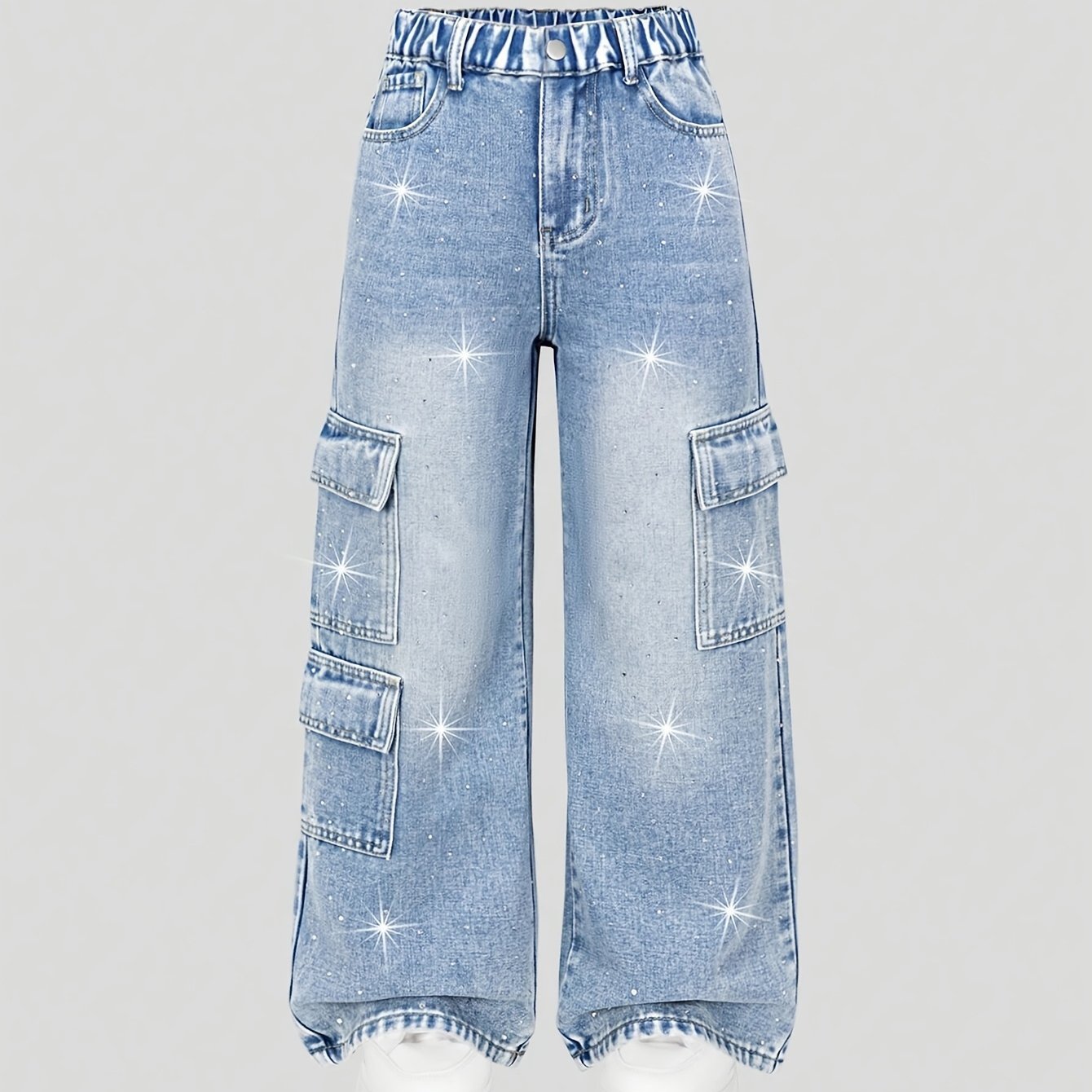 Image of Y2k Style Trendy Denim Cargo Pants For Girls | Streetwear With Colorful Rhinestone Accents | Comfortable High-waist | Versatile And -functional Wide Pockets | Urban Versatile Denim Trousers |