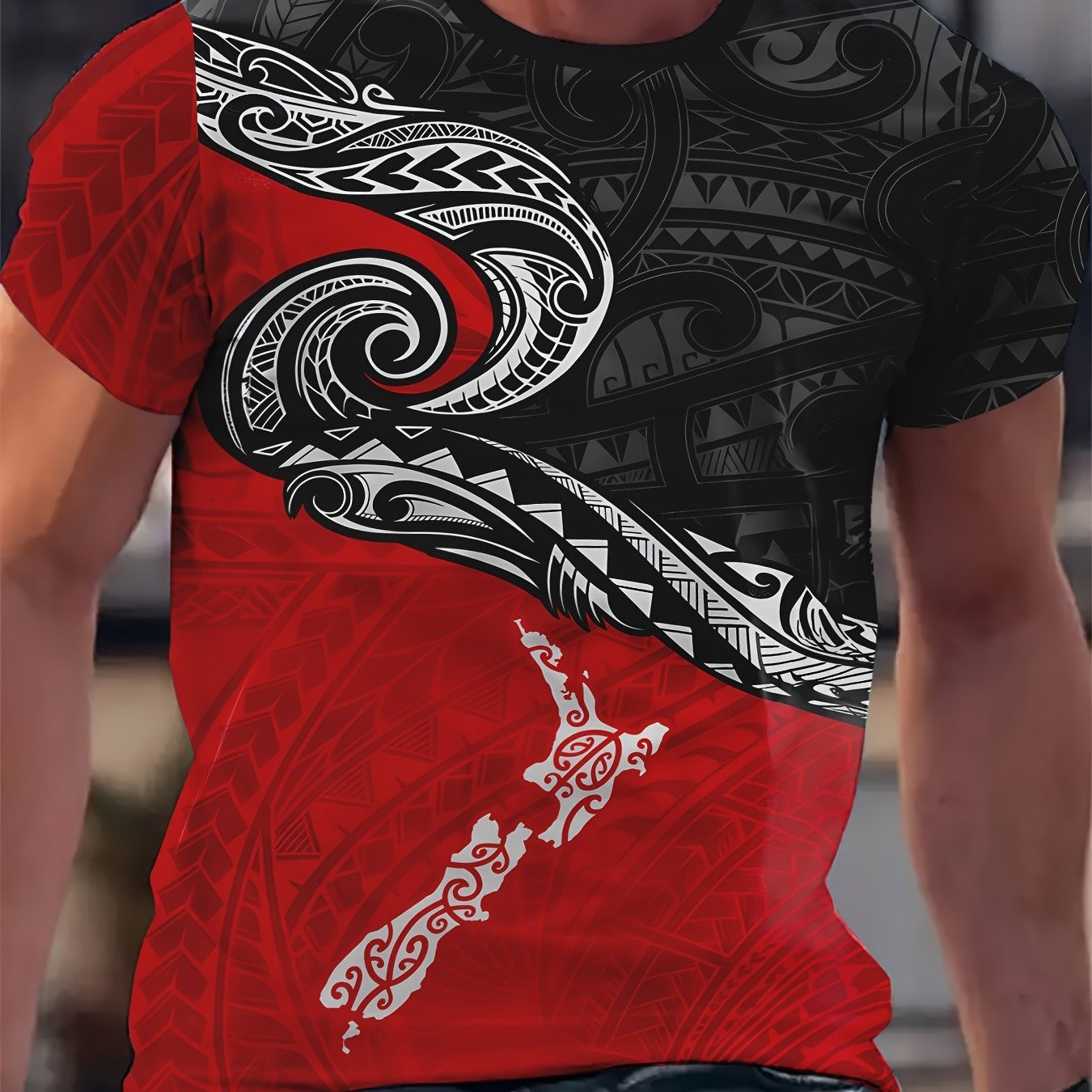 TEMU Men's Maori And New Zealand Tribal Print T-shirt - Red Floral Short-sleeve Round Neck Summer Top, Lightweight Casual Wear, Suitable For Cultural