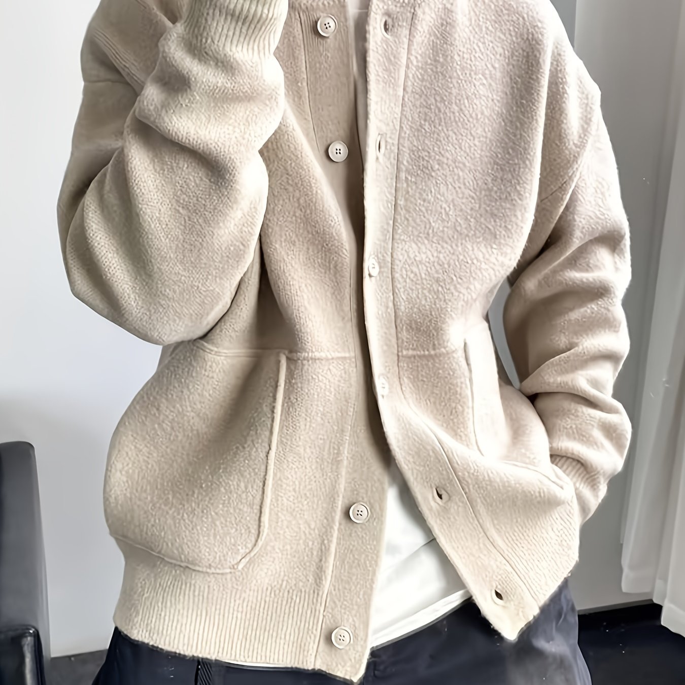 TEMU Men's Winter Cardigan, Thickened Sweater Jacket, Trendy Solid Color Men's Thick Warm Cardigan, Soft -friendly Sweater Jacket, Simple Solid Men's