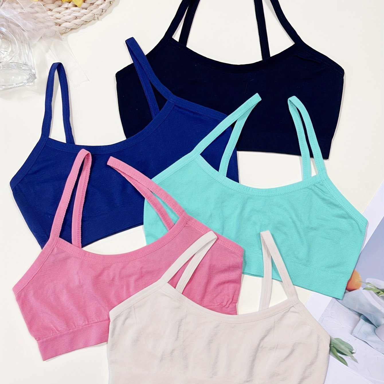 5pcs Seamless Cute Girls' Fashion Backless Camisole Set 6-14, Comfortable Tank Tops
