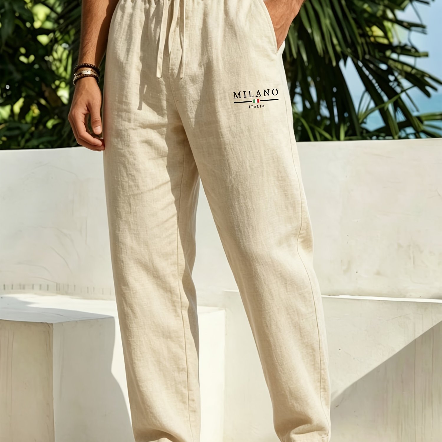 TEMU Men's Linen Trousers, Solid Color Drawstring Loose Straight Pants, Comfortable Breathable Fabric, Men's Work-casual Trousers, Suitable For Daily