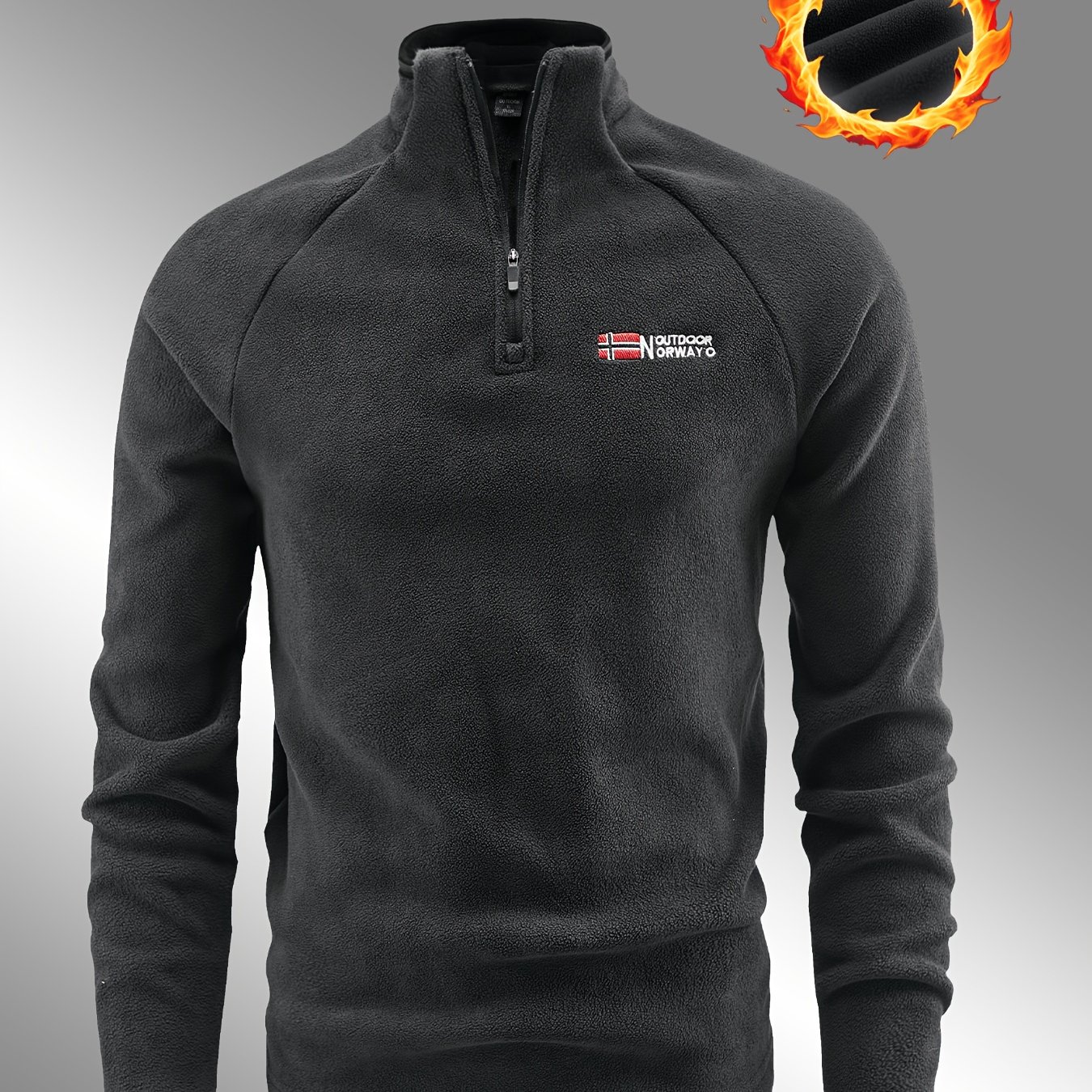TEMU Men's Outdoor Label Half-zip Stand Collar Fleece Sweatshirt Autumn Winter Thickened Fleece Lined Warm Pullover Long Sleeve Base Layer Cold